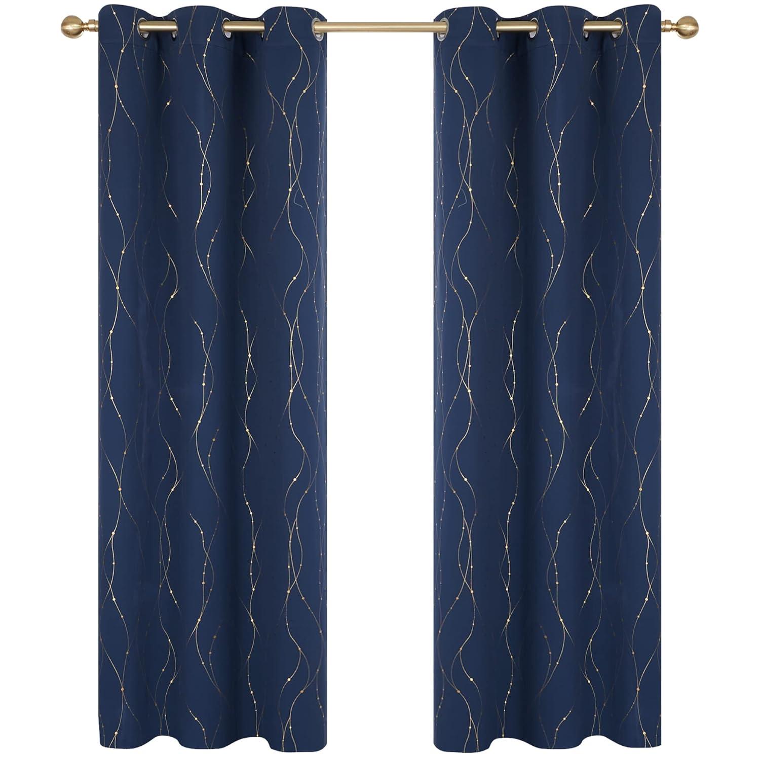 Deconovo Room Darkening Blackout Curtains, Navy Blue, 42W x 45L Inch, Gold Foil Printed Wave Line and Dots Pattern Grommet Window Drapes