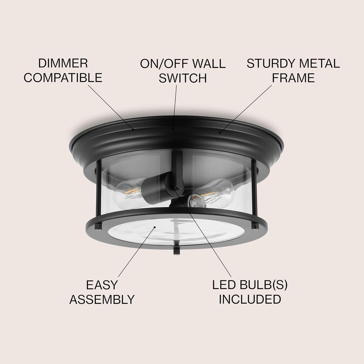 Black Glass Drum 2-Light LED Flush Mount