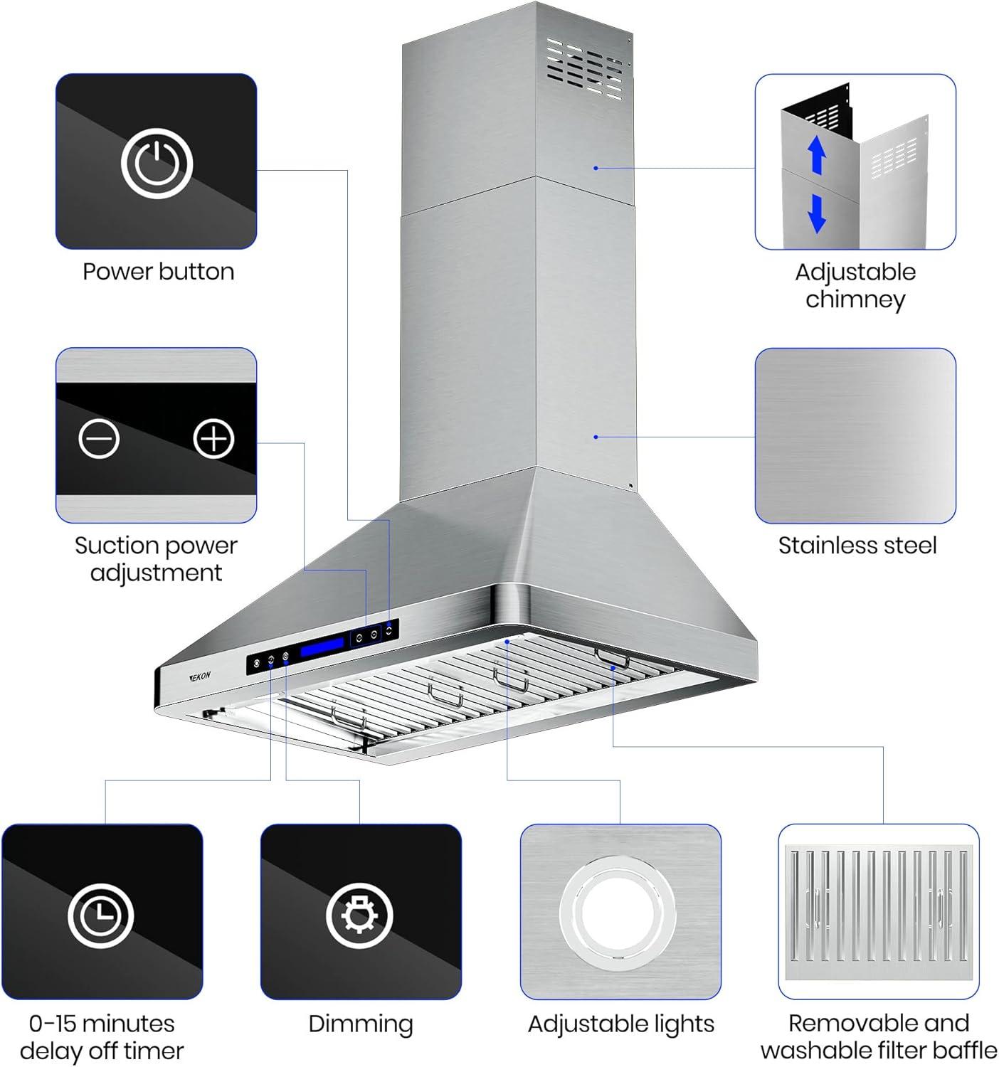 Fuhuoso 36 in. 900CFM Convertible Wall Mount Range Hood with 4 Lights,Remote,Touch Control,Long-term Warranty in Stainless Steel