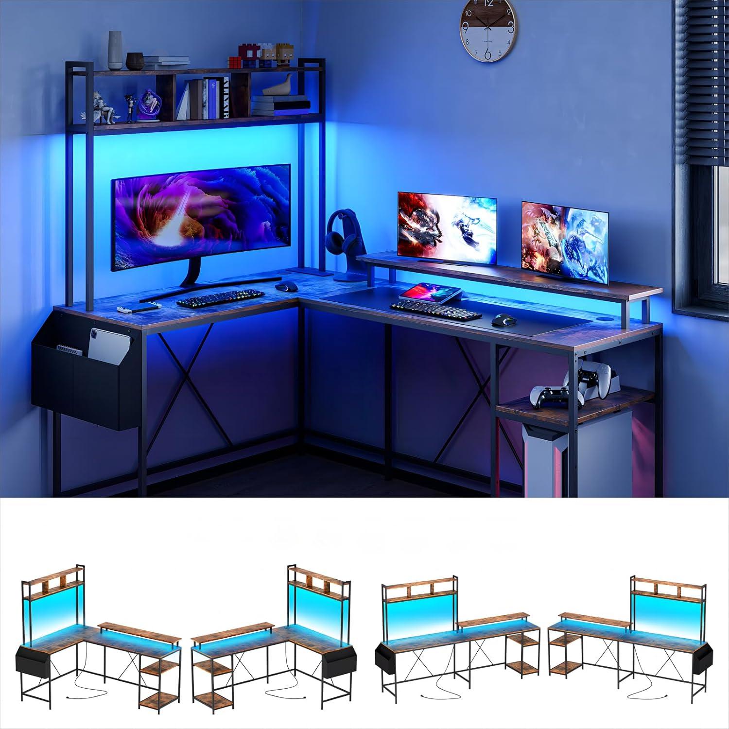 Jojoka L Shaped Storage Shelf Computer Gaming Desk with LED Lights & Power Outlets, 67" Reversible Large Corner Desk with Monitor Stand, Home Office Desk, Study Desk, Writing Desk, Workstation, Brown