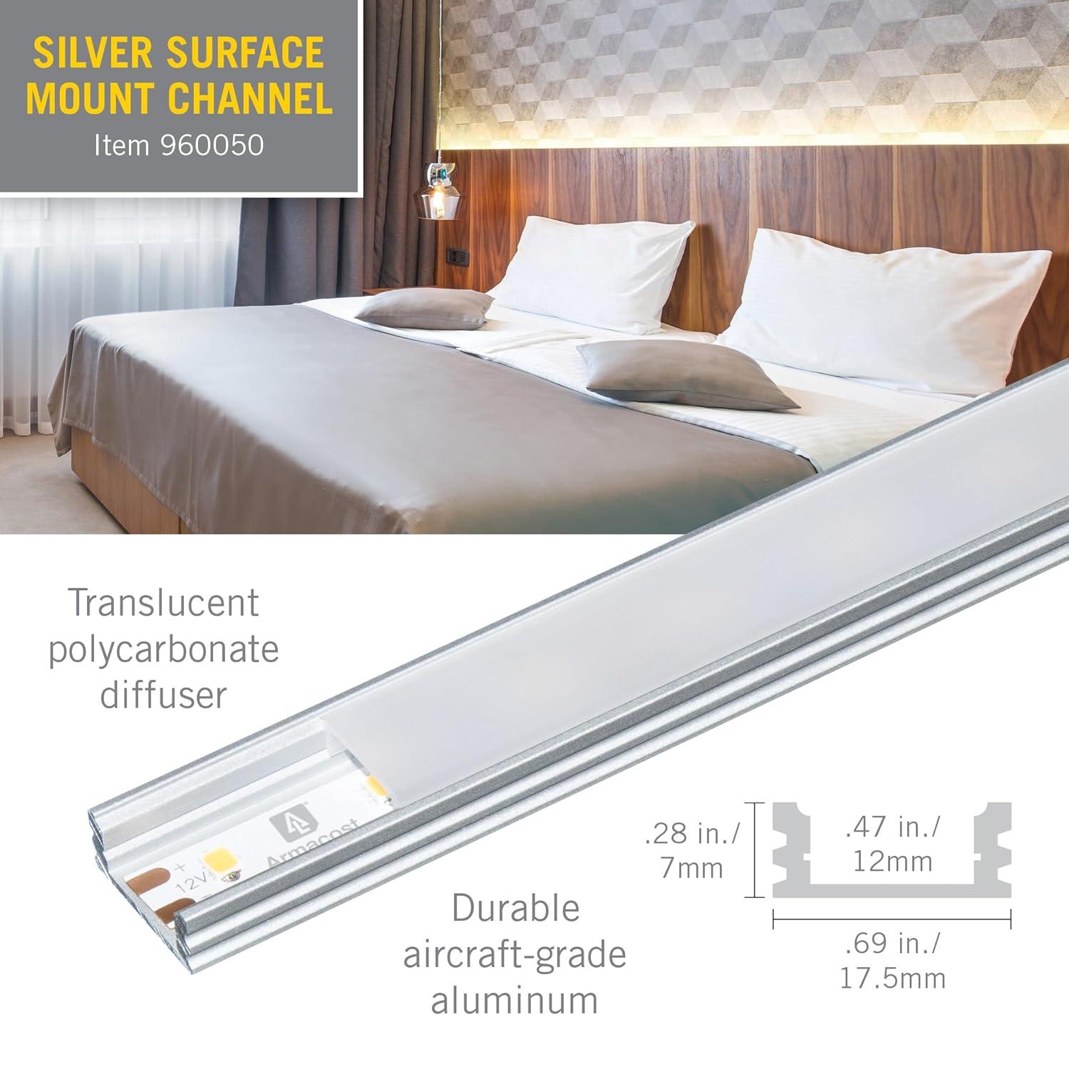 LED Tape Light Mounting Channel, Surface Mount, Silver