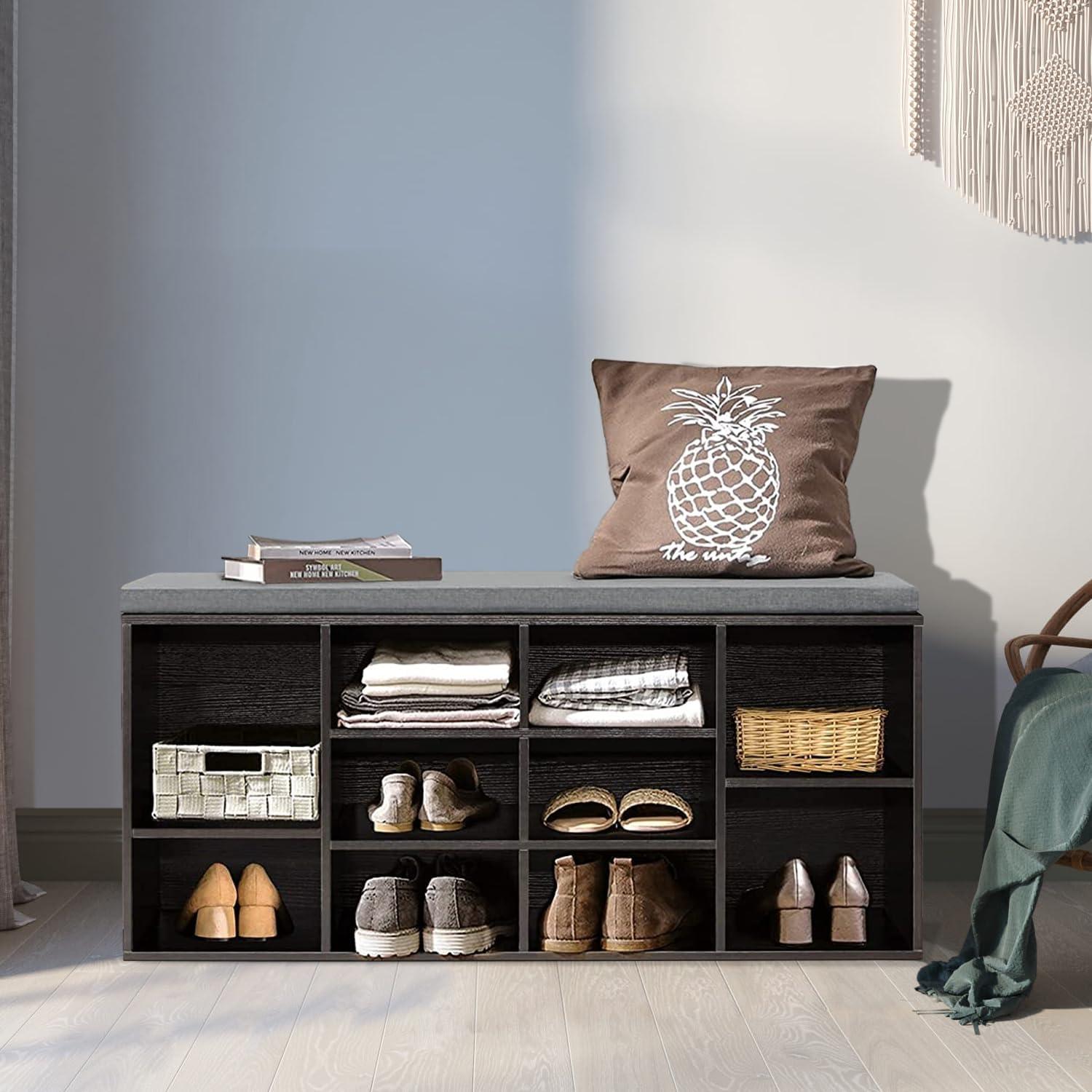 Shoe Bench Storage Bench 10 Compartments Shoe Organizer with 3-Tier Shoe Rack Bench Adjustable Shelves Shoe Shelf for Living Room Entryway Hallway Bedroom