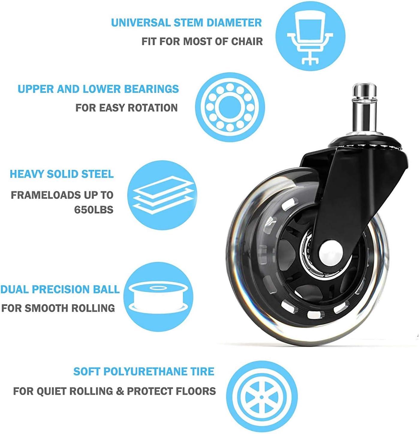 Office Chair Caster Wheels 2" Dual Wheels Set of 5 for Tile and Hardwood Floors, Universal Fit for Most Chairs (Transparent)