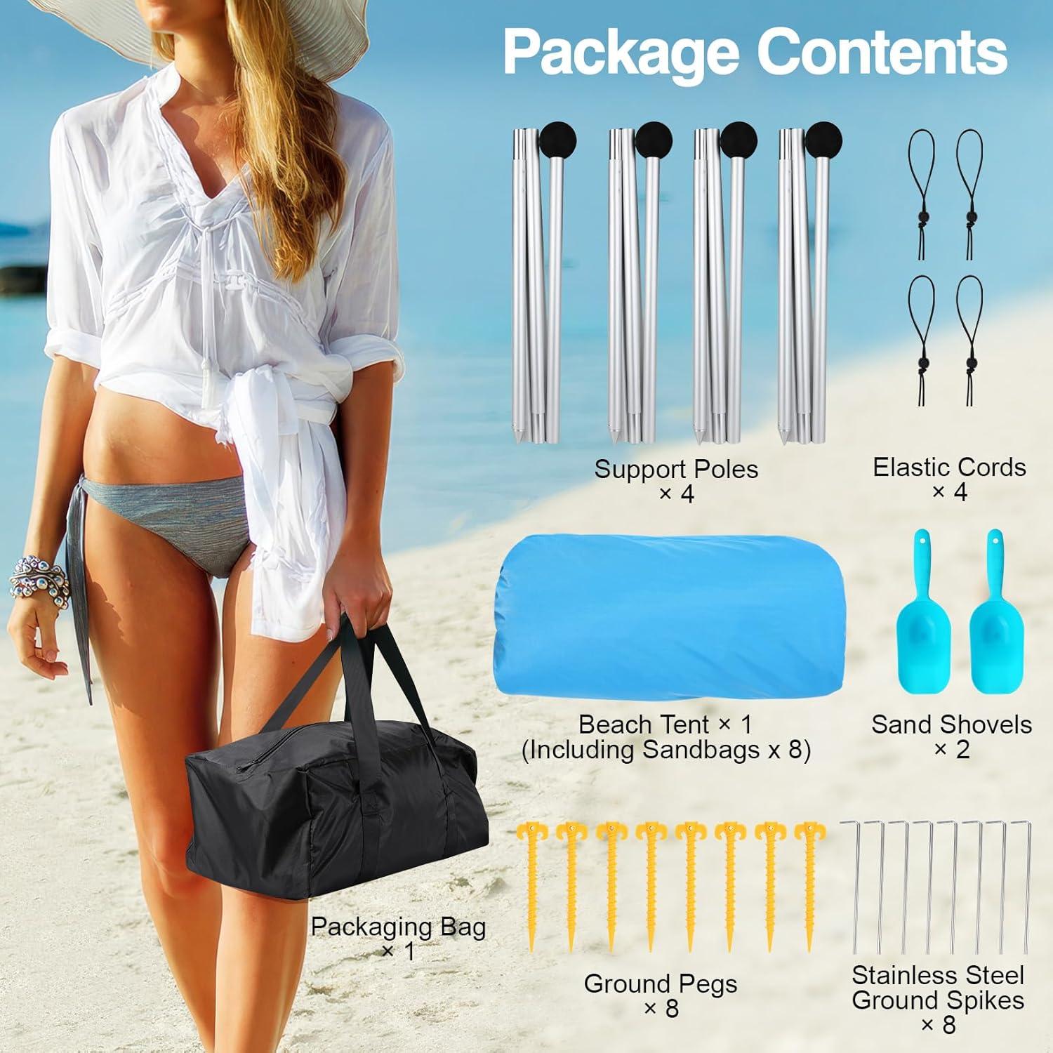 Rhino Valley Beach Tent Shade Canopy UPF50+ Protection, 8 Sandbags, 4 Stability Poles, Outdoor Sun Shelter Umbrella for Sand, Camping, Fishing Essentials