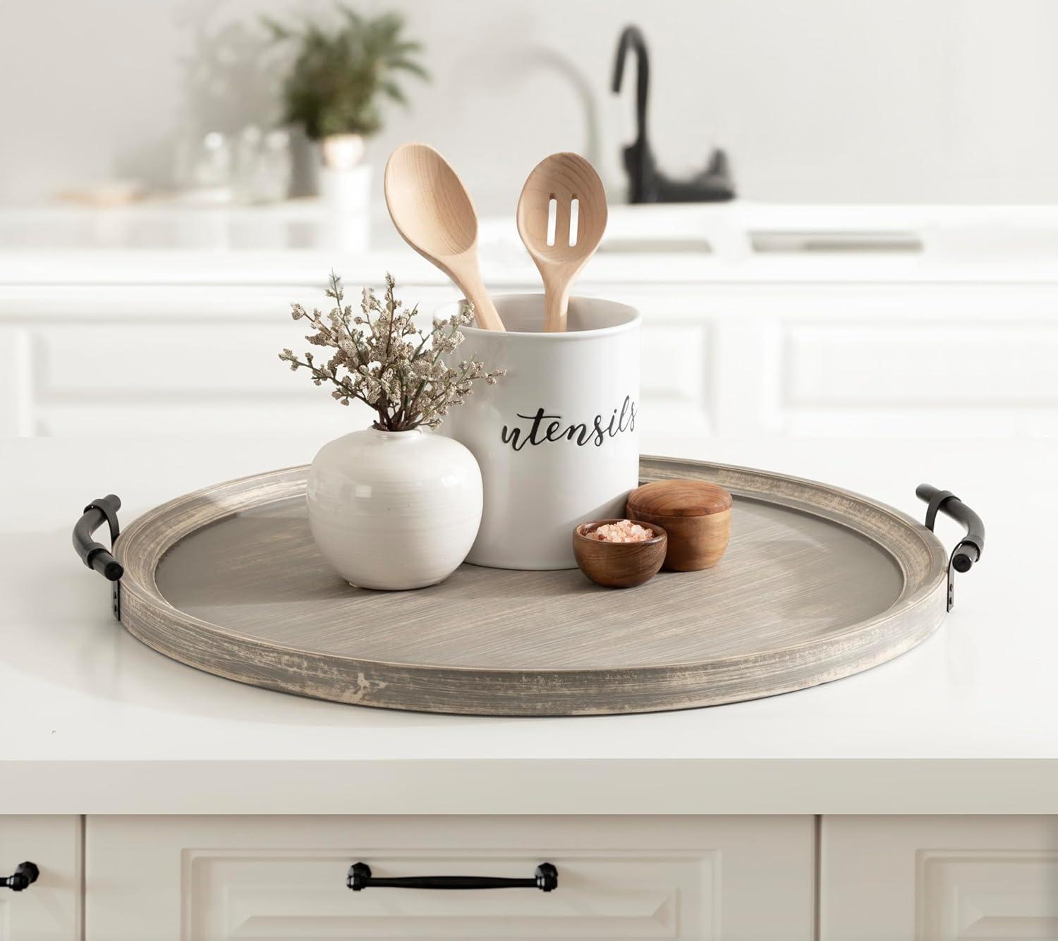 Kate and Laurel Bruillet Farmhouse Wood Round Ottoman Tray, 24 x 22, Rustic Brown, Circle Coffee Table Tray for Living Room Decor or Large Serving Tray