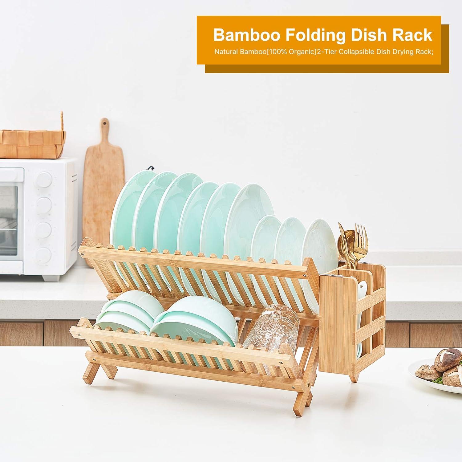 Foldable Bamboo 2-Tier Dish Drying Rack with Utensil Holder