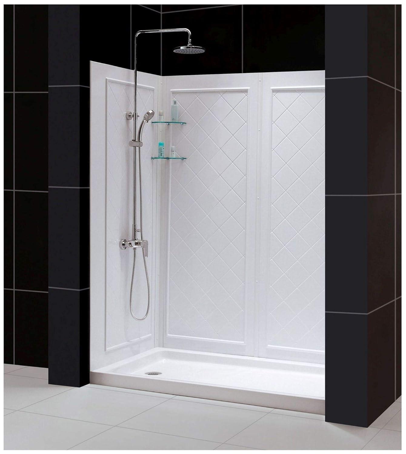 Qwall 32" D x 60" W x 76 3/4" H Left Drain Acrylic Shower Base and Wall Kit in White