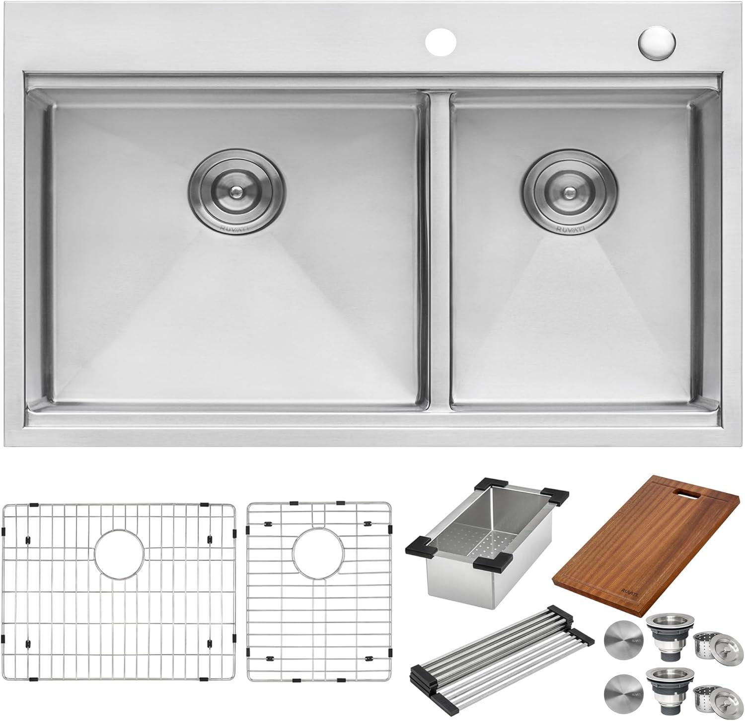 Ruvati 33 x 22 inch Workstation 60/40 Topmount Rounded Corners Stainless Steel Kitchen Sink