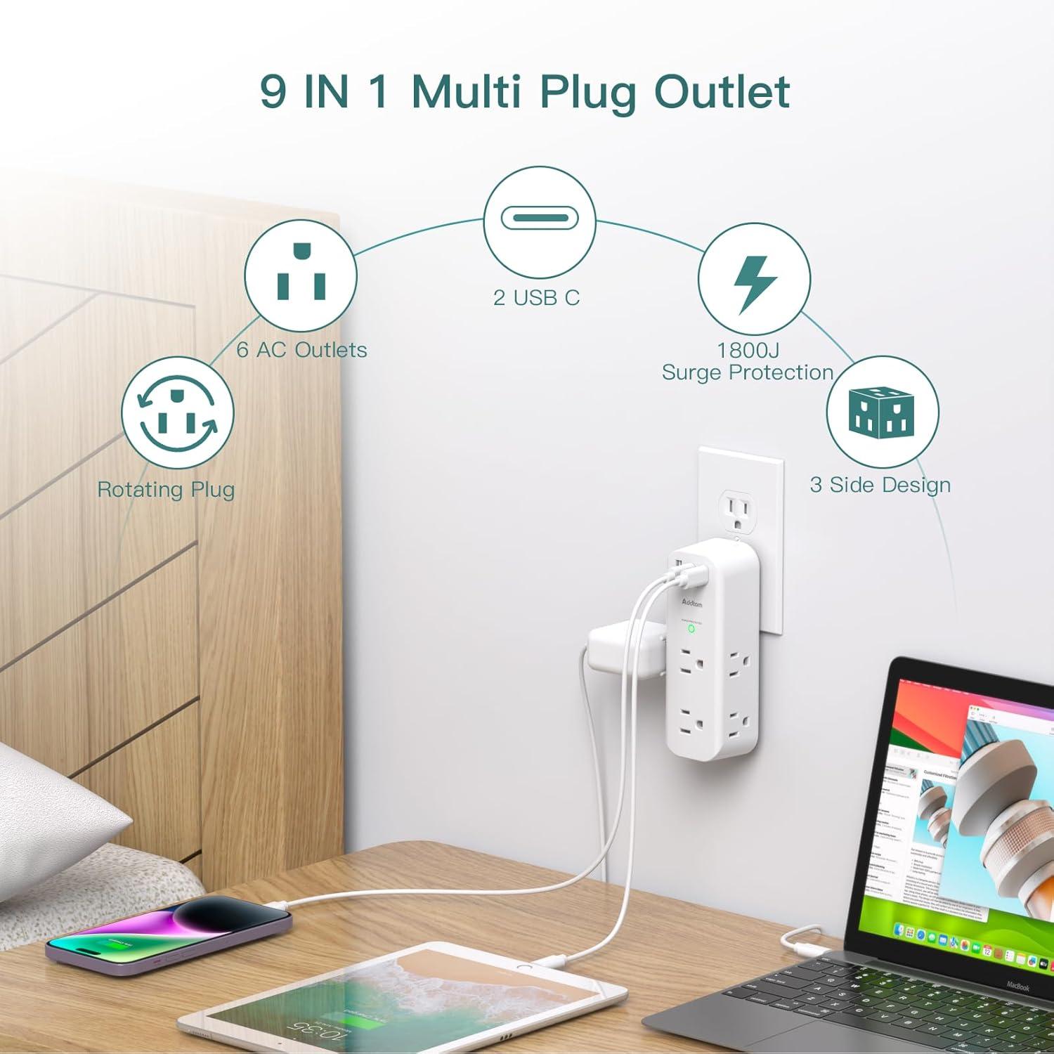 White 10-Piece USB Outlet Extender with Rotating Plug