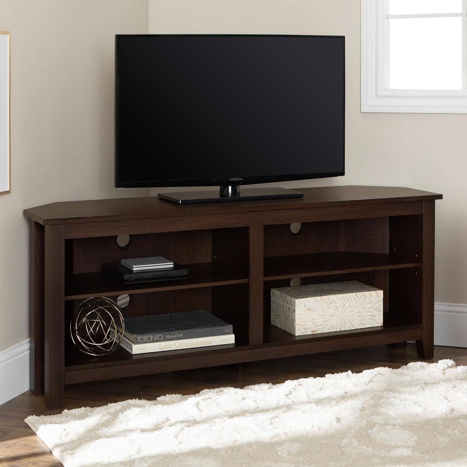 Espresso Corner Wood Media Stand with Adjustable Shelving