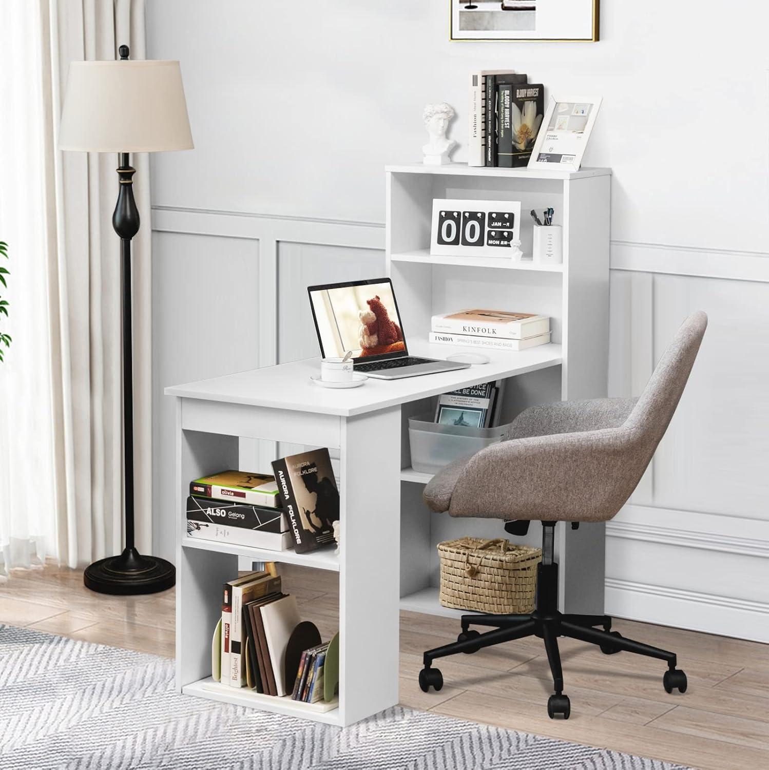 Costway Computer Desk Writing  Workstation Office w/6-Tier Storage Shelves White