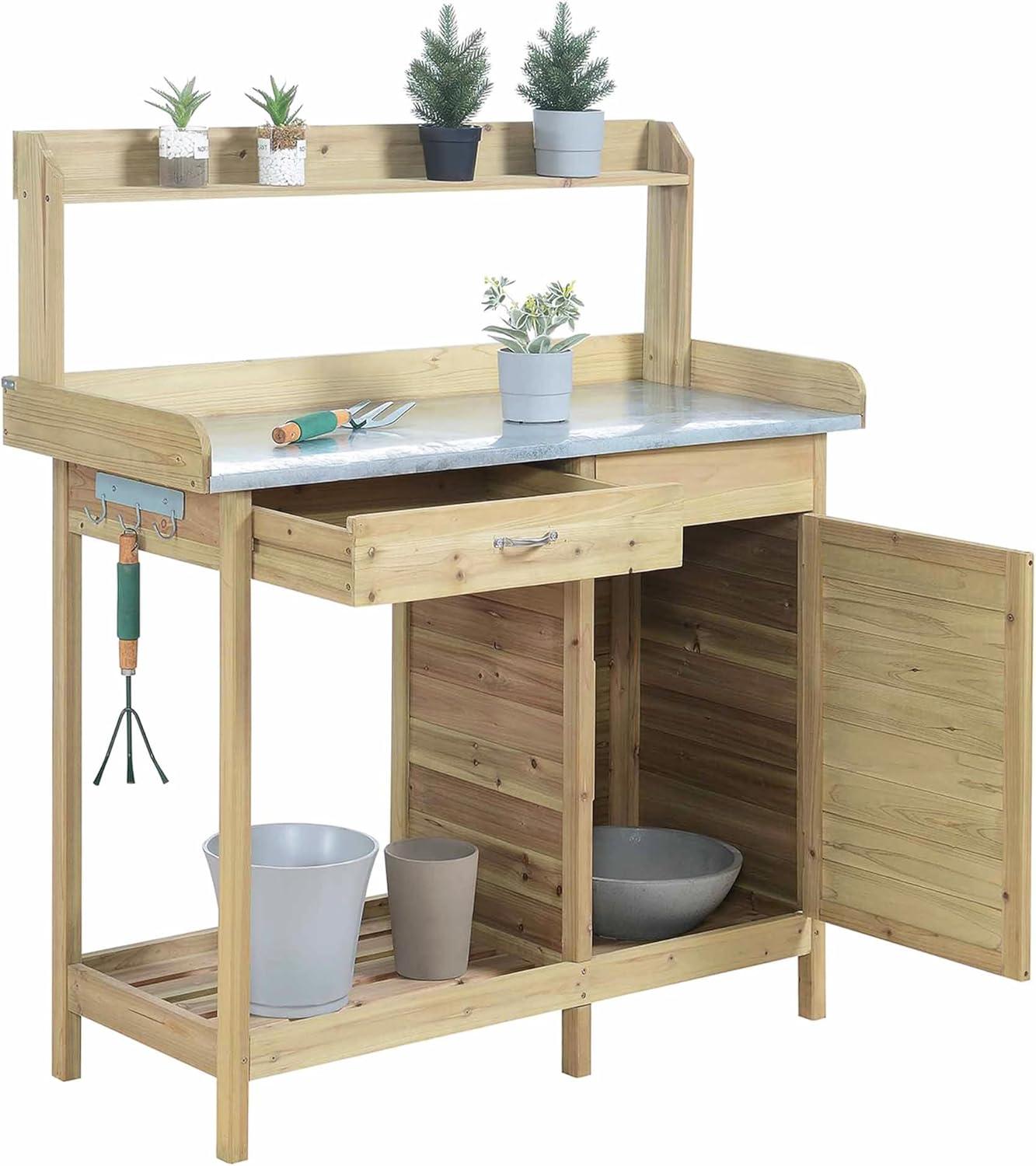 Convenience Concepts Deluxe Potting Bench with Cabinet- Natural Fir Wood Finish