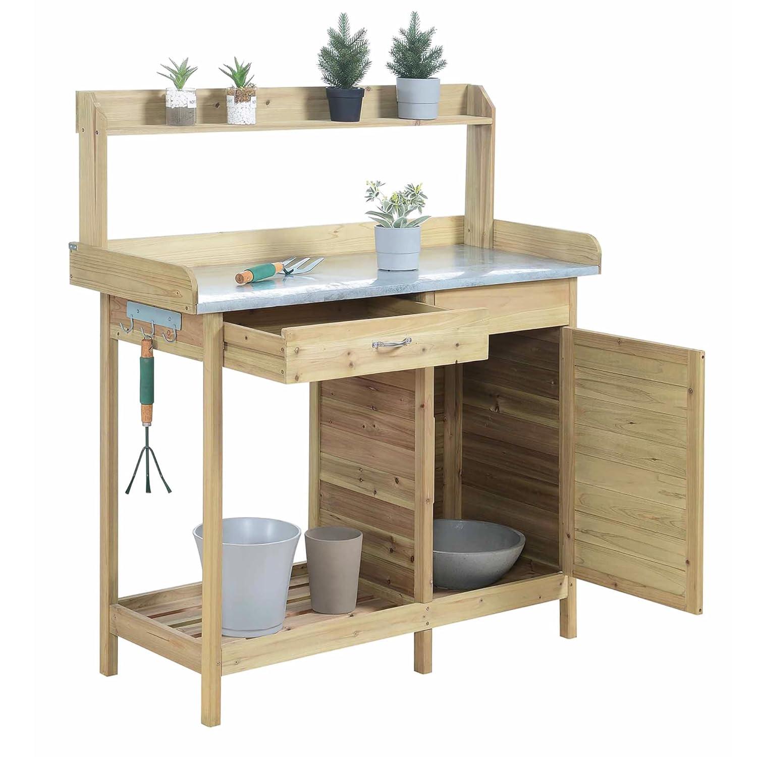 Convenience Concepts Deluxe Potting Bench with Cabinet- Natural Fir Wood Finish