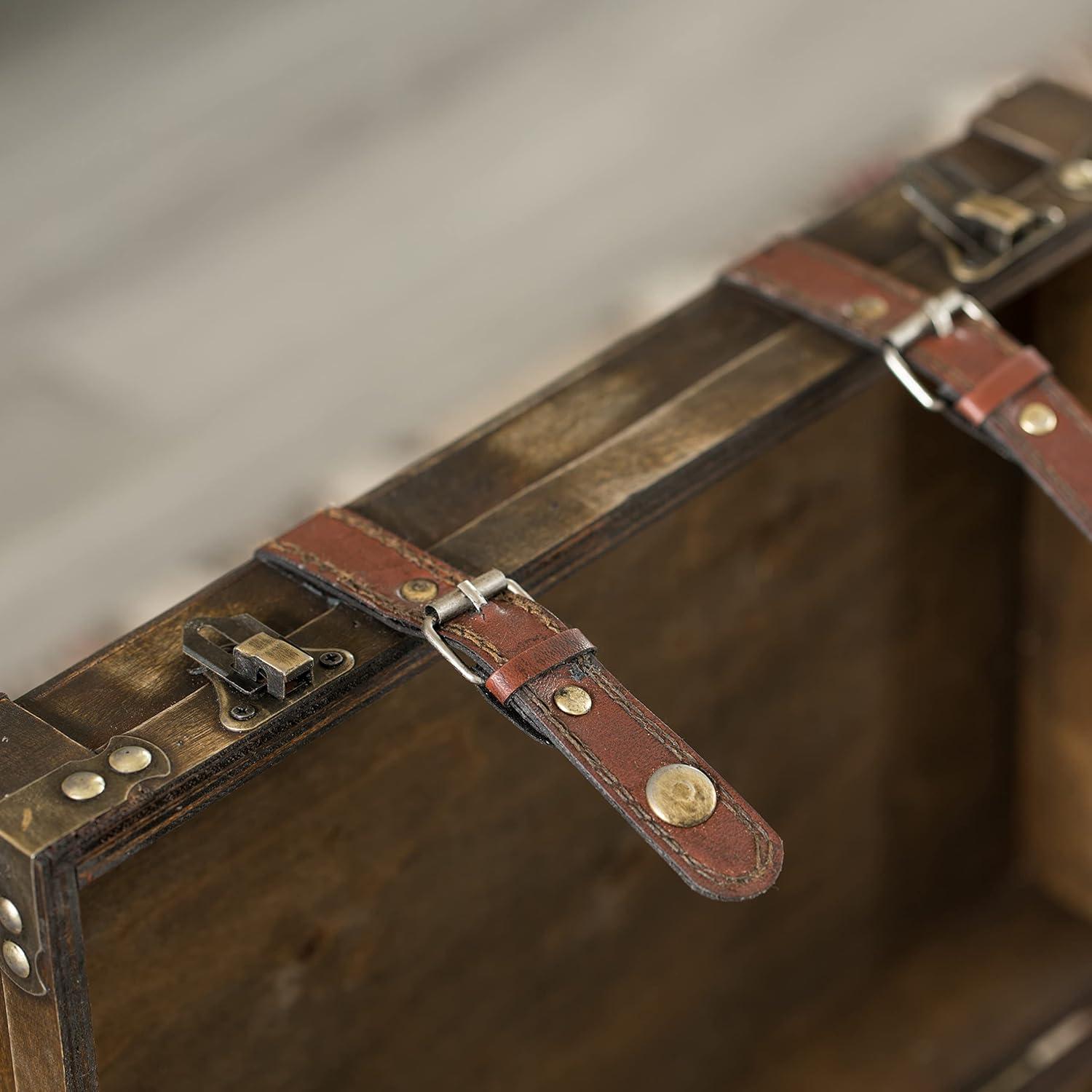 Large Distressed Brown Wooden Storage Trunk with Faux Leather Straps