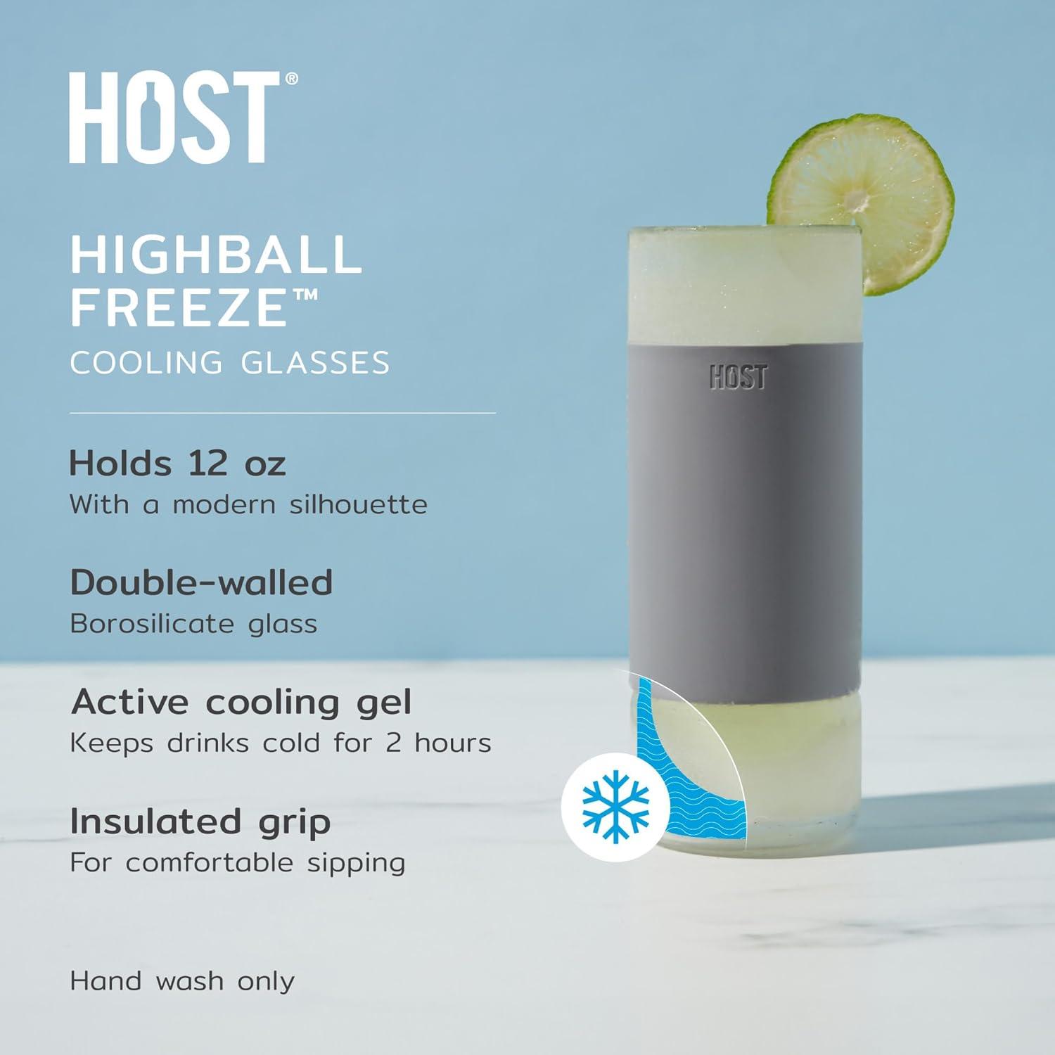 HOST Highball Glass FREEZE Drinking Cups Frozen Glasses Set, Insulated Tumblers, Iced Coffee Cup Glass Tumbler 12oz Gray Cocktail Glasses Set of 2