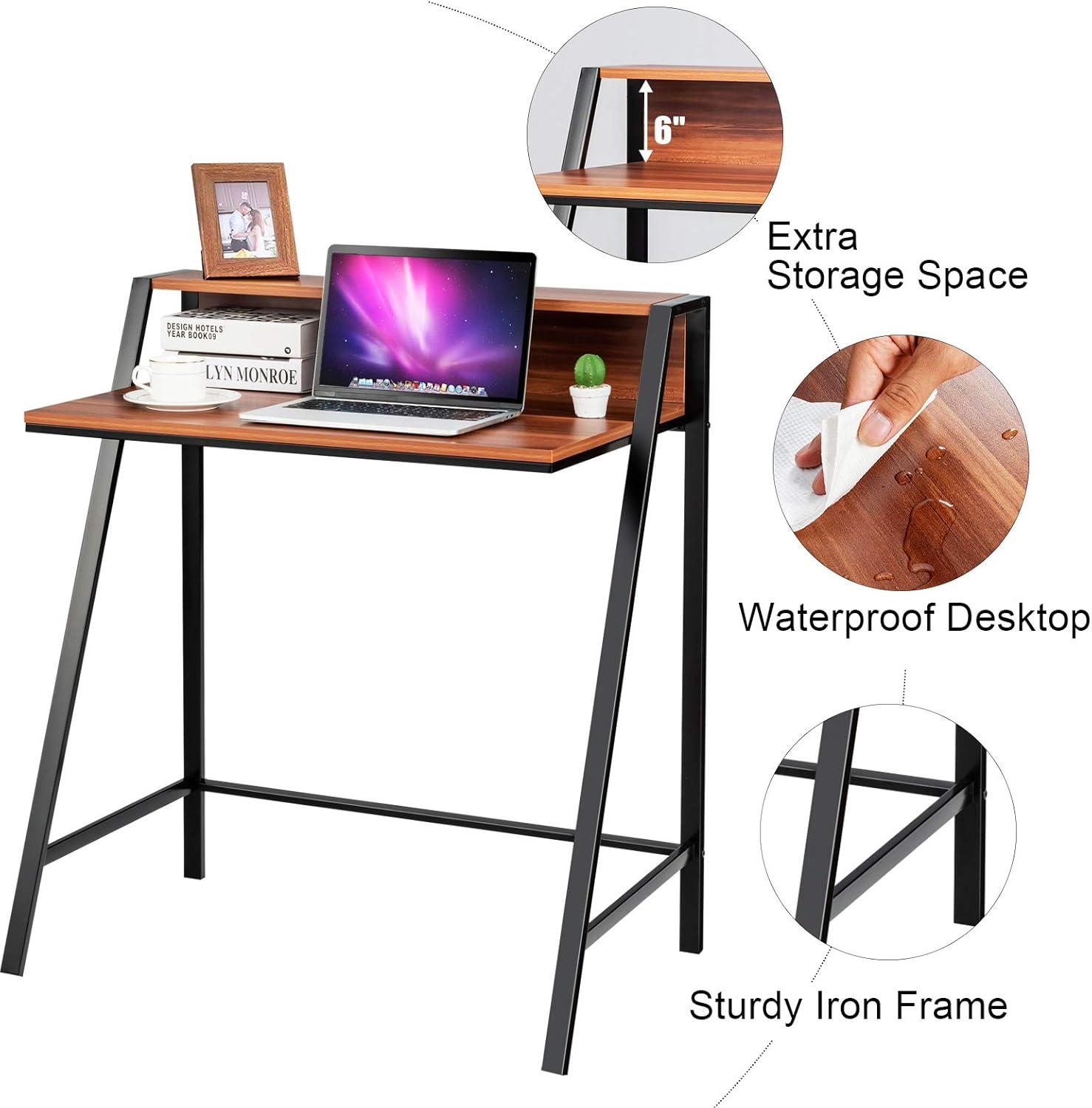 YYAo Writing Desk, Home Computer Desk,2 Tier Computer Desk PC Laptop Table Study Writing Home Office Workstation New-Walnut