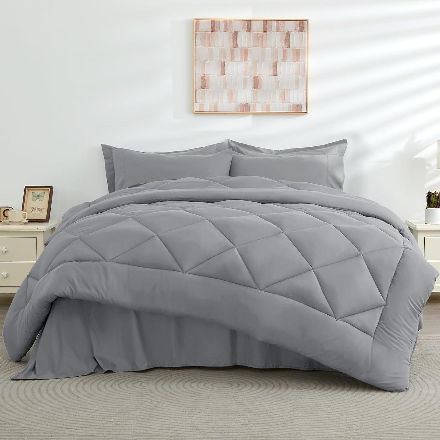 Cozy Comfort Full Size Comforter Sets - 7 Pieces Reversible Full Bed in a Bag, Grey Full Bedding Sets with Comforters, Sheets, Pillowcases & Shams