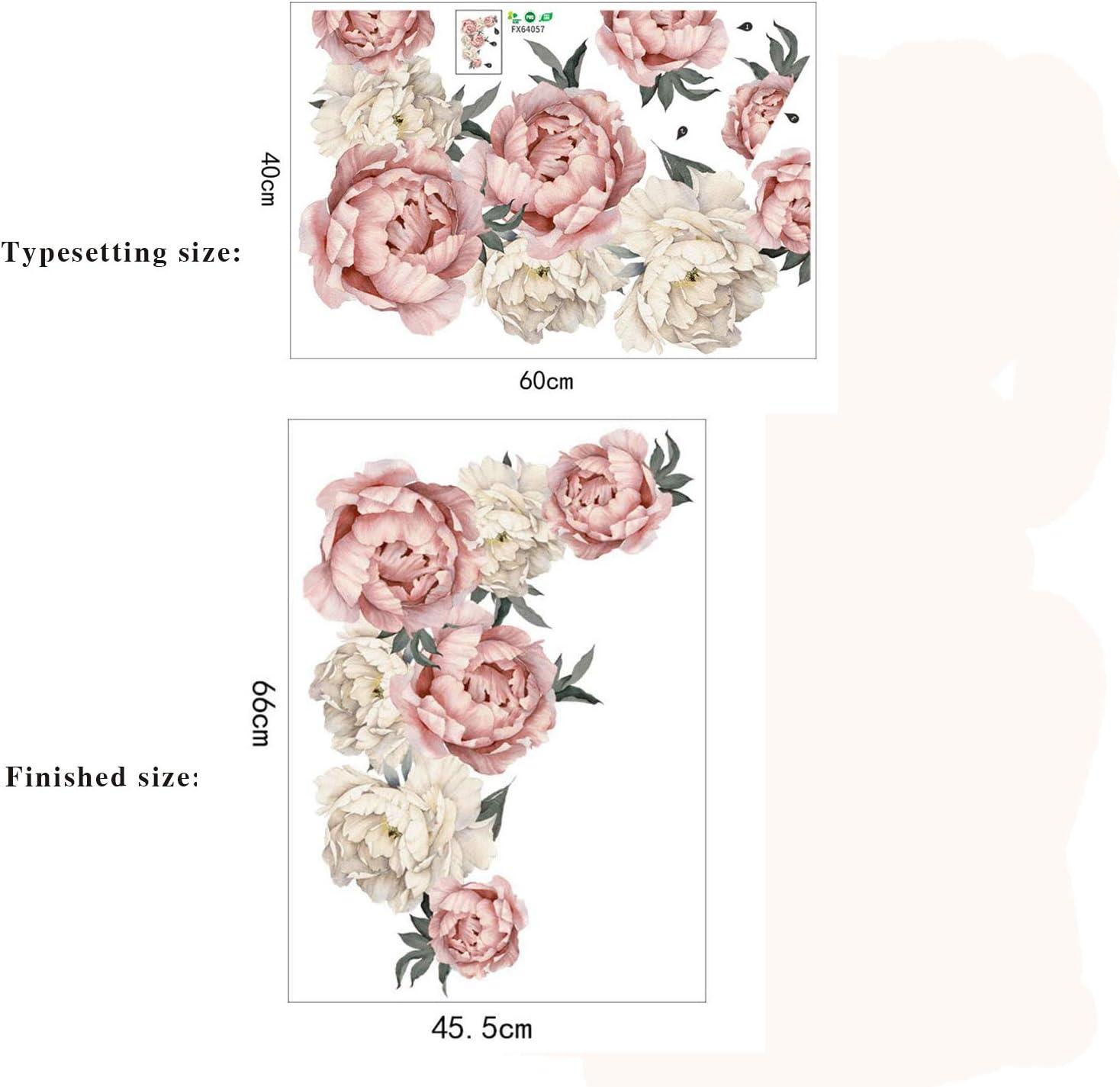 Peony Flowers Wall Sticker Waterproof PVC Peony Rose Flowers Wall Decals Removable Floral Wall Decor Sticker for Living Room Bedroom Nursery Room