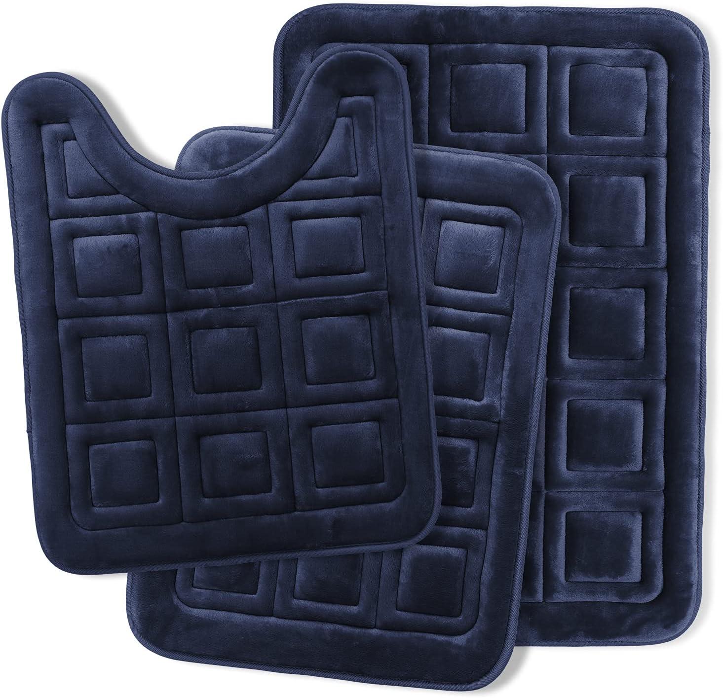 Navy Blue Velvet Memory Foam 3-Piece Bath Rug Set