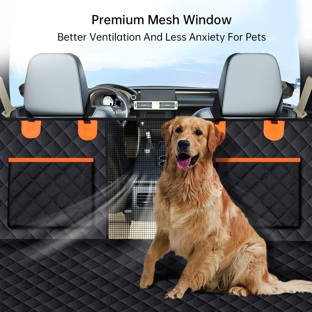 Black Waterproof Dog Car Seat Cover with Mesh Window and Storage Pockets