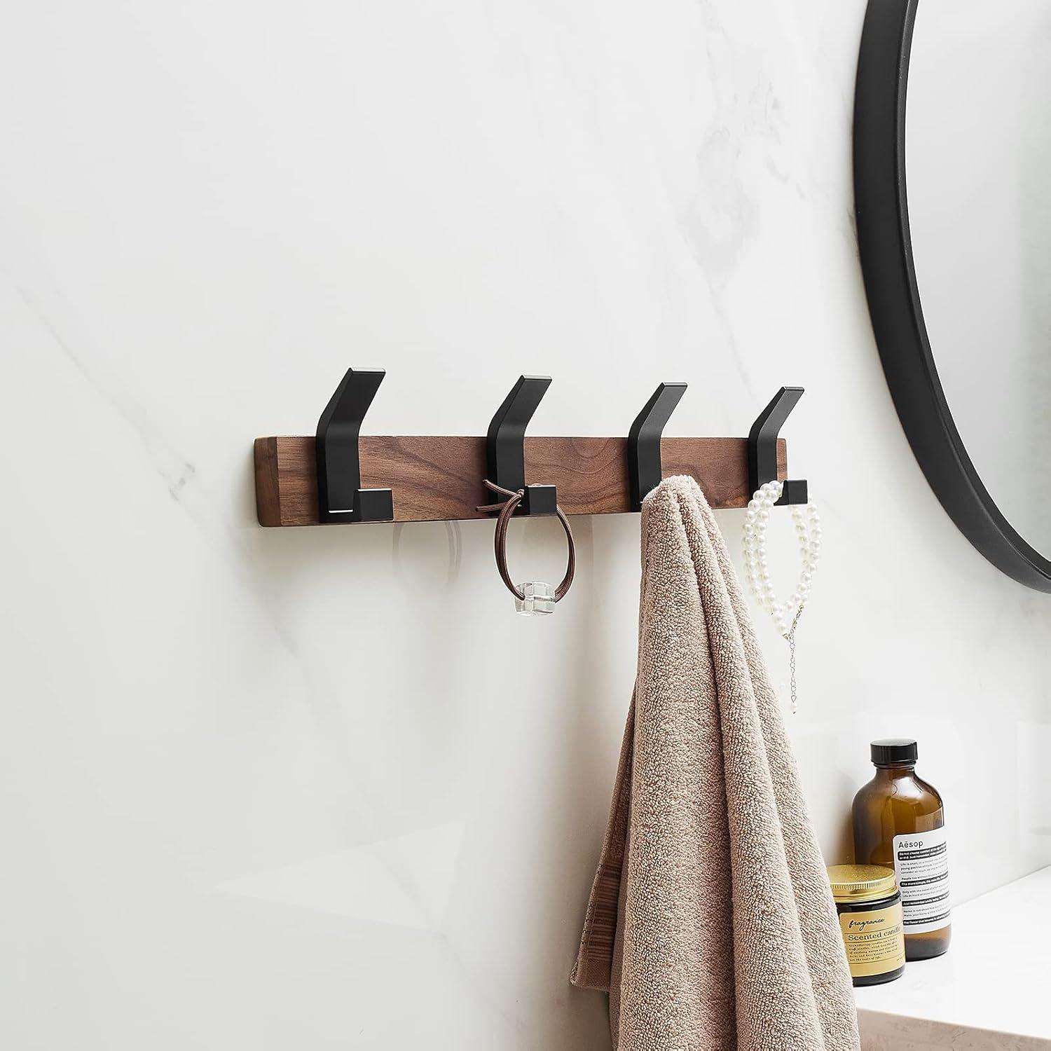 Walnut Wood and Black Aluminum Wall Mounted Coat Rack with 4 Hooks