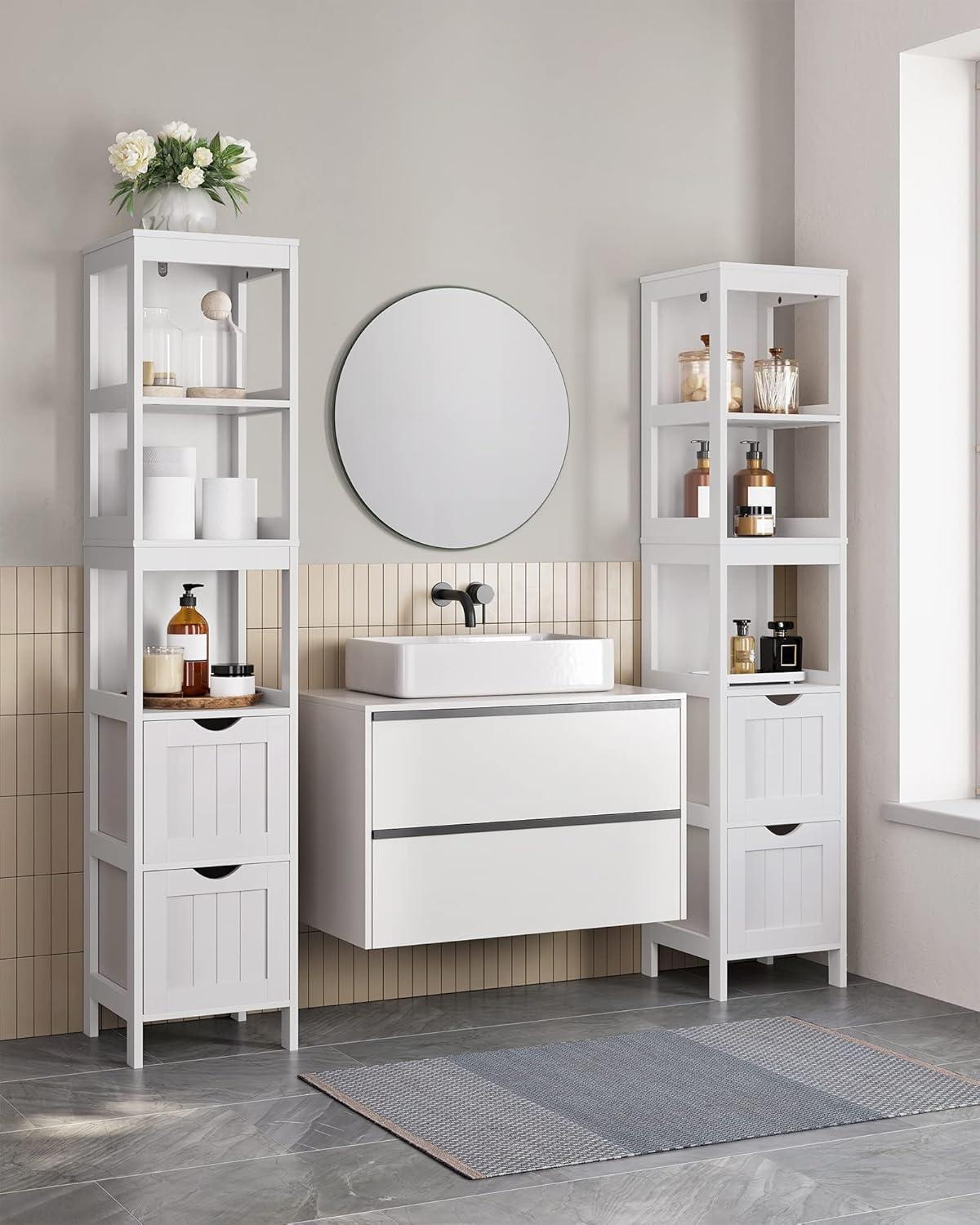 VASAGLE Bathroom Tall Cabinet, with 2 Drawers and 3 Open Shelves, White