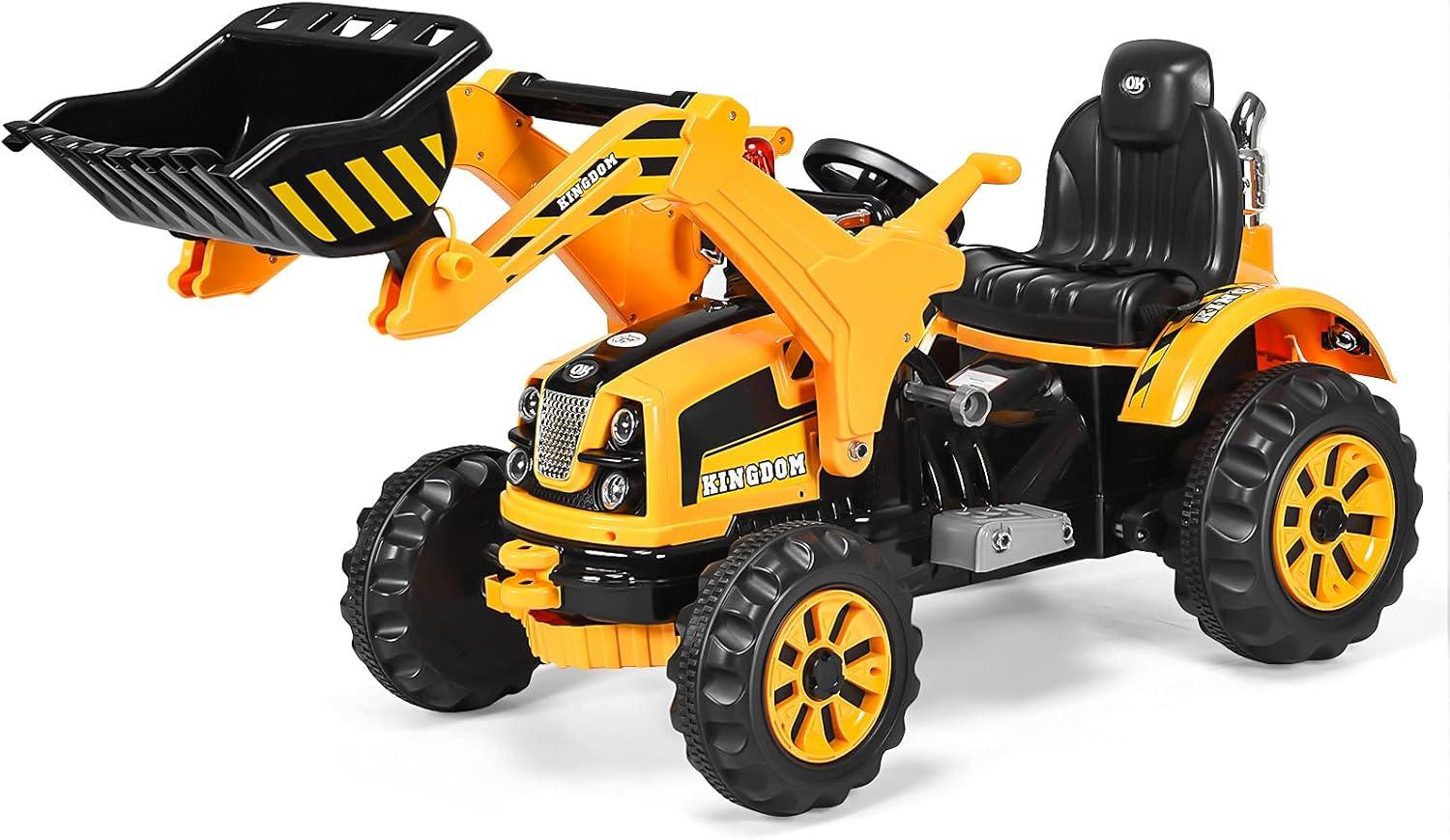 Yellow 12V Battery Powered Ride-On Excavator with Front Loader