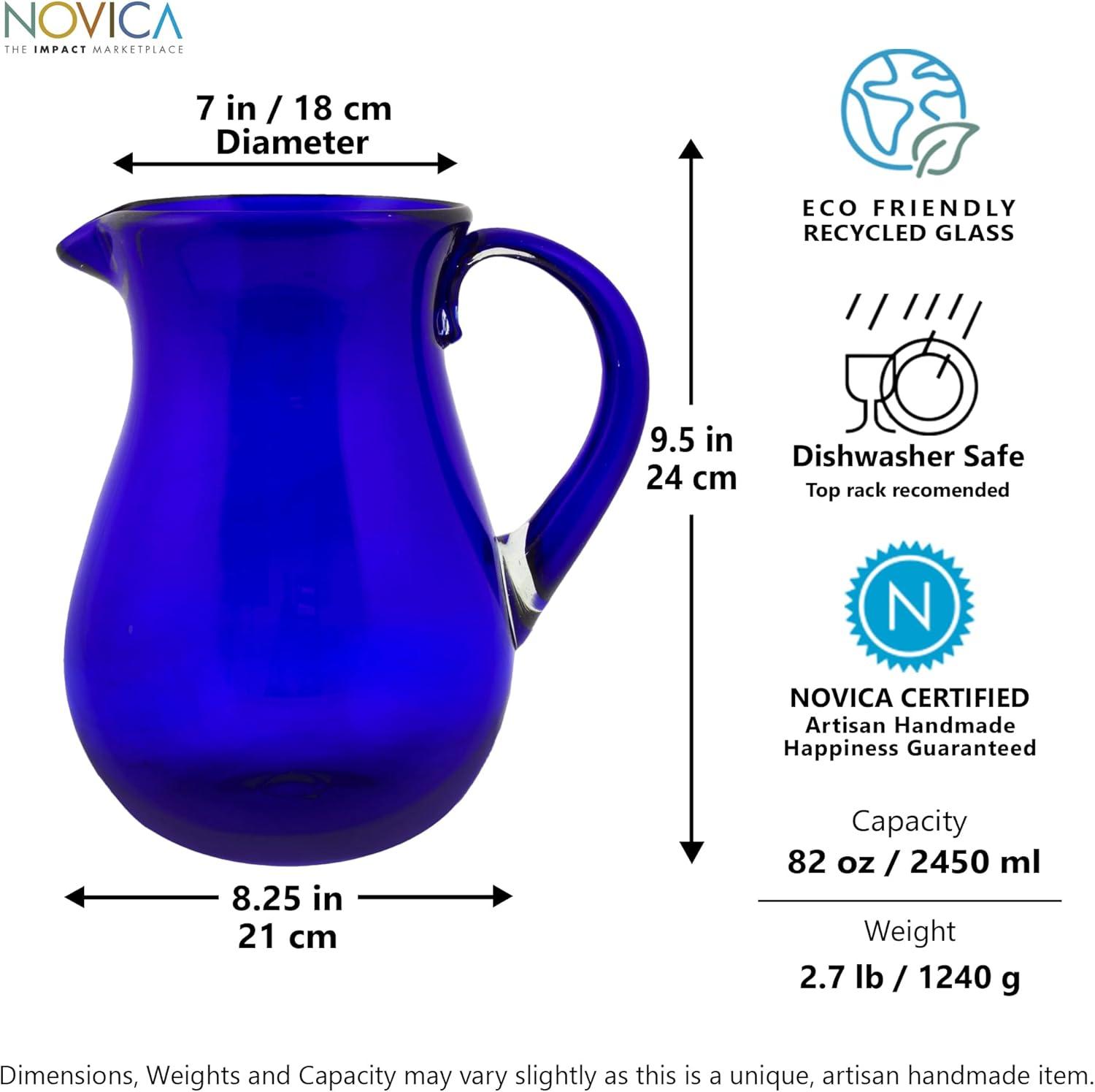 NOVICA Large Blue Hand Blown Glass Pitcher For Water, Margaritas, Lemonade, 82 Oz, 'Cobalt Charm'