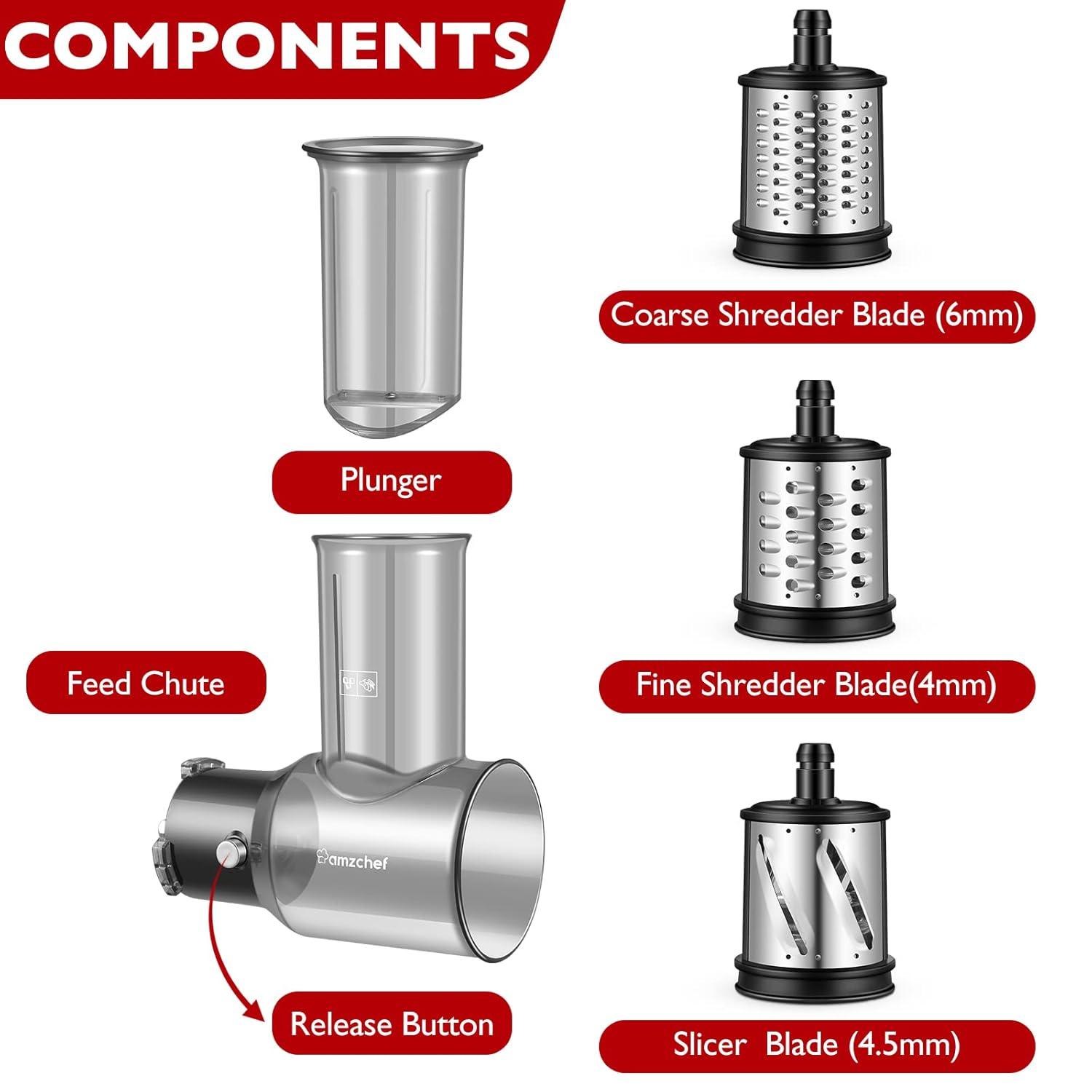 Slicer Shredder Attachments for AMZCHEF Slow Masticating Juicer ZM1501&GM3001 Rotary Cheese Grater Mandoline Vegetable Slicer for Fruit,Vegetables,Nuts with 3 Interchangeable Blades (Stainless Steel)