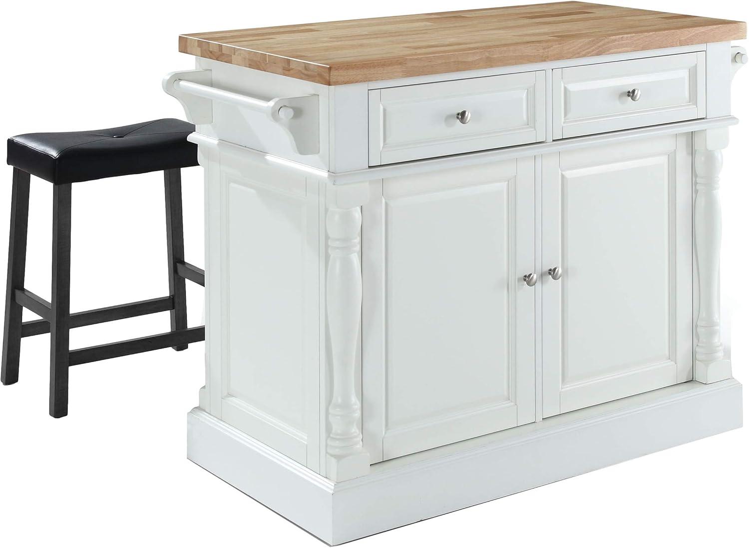 Oxford Kitchen Island with 2 Upholstered Saddle Stools Black - Crosley: Pass-Through Storage, Towel Bars, Wood Veneer