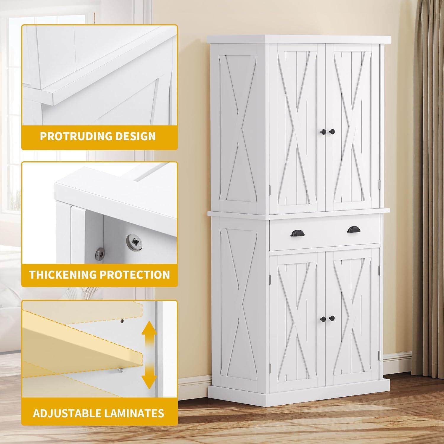 Gracie Oaks Sneyd 72" H Wood Farmhouse Kitchen Pantry Cabinet with Adjustable Shelves & Drawer
