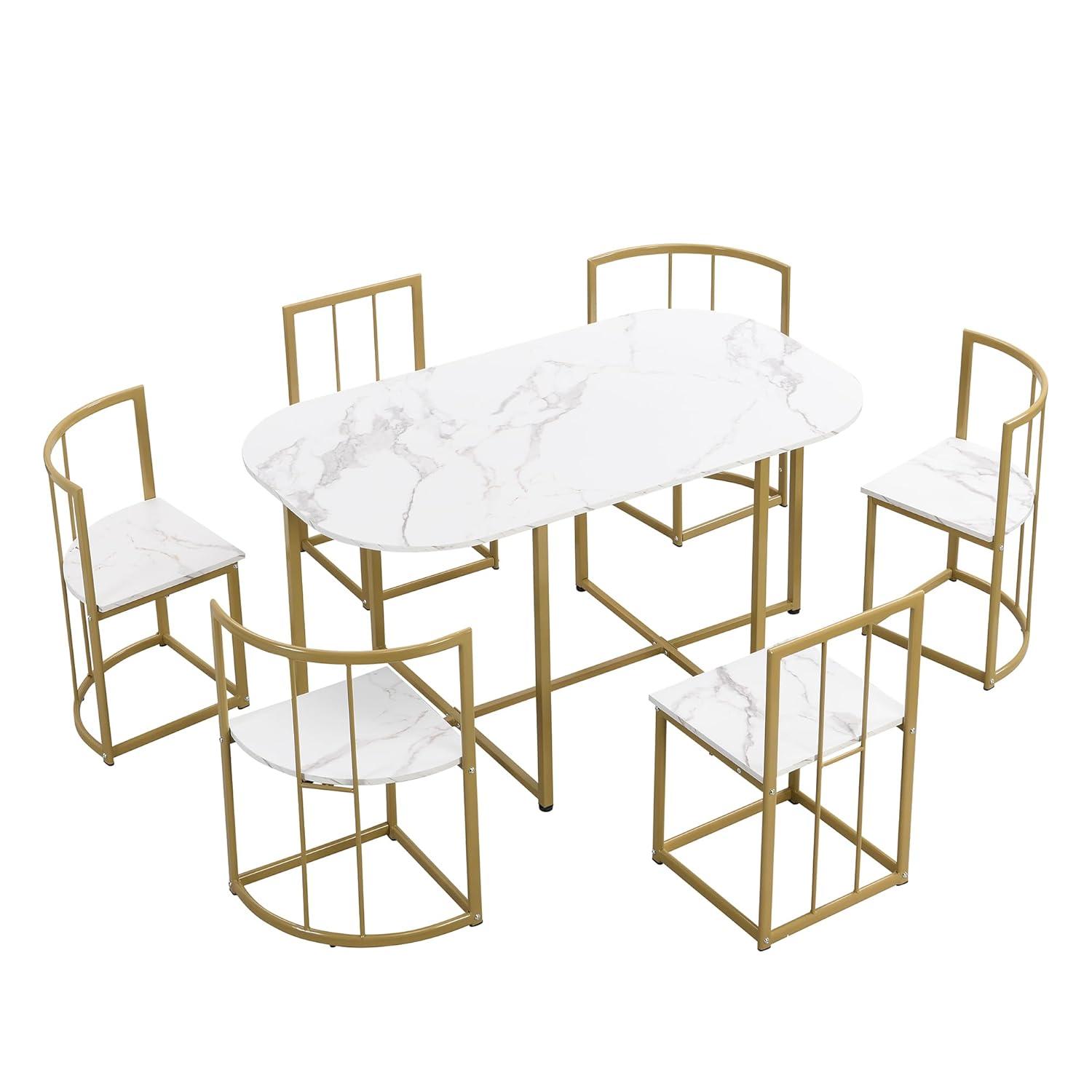 Metal 7 Piece Kitchen Dining Table Set with Chairs for Saving Space Metal Dining Room Table Set for 6 Persons, Golden White