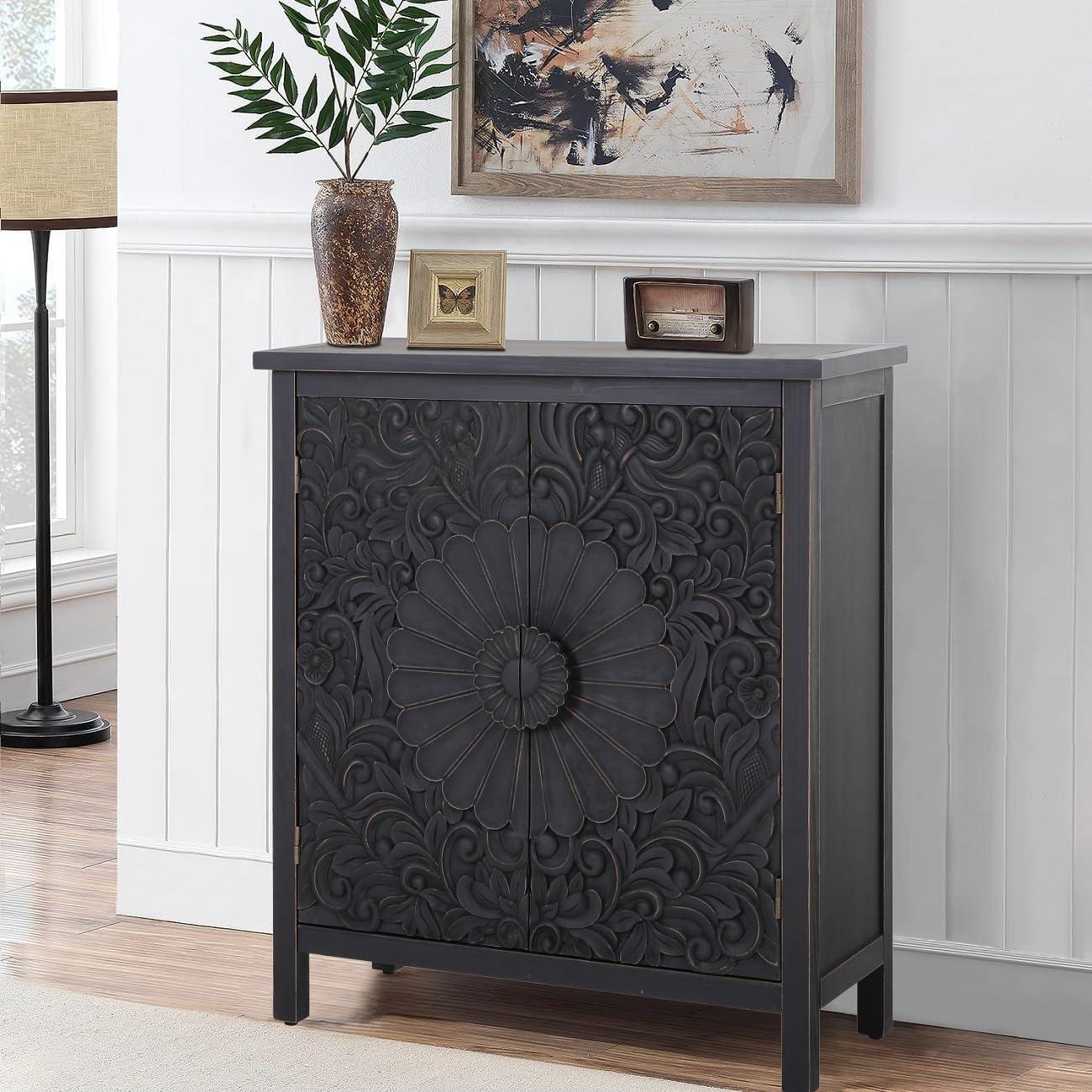 Black Carved Floral Pattern 2-Door Accent Cabinet