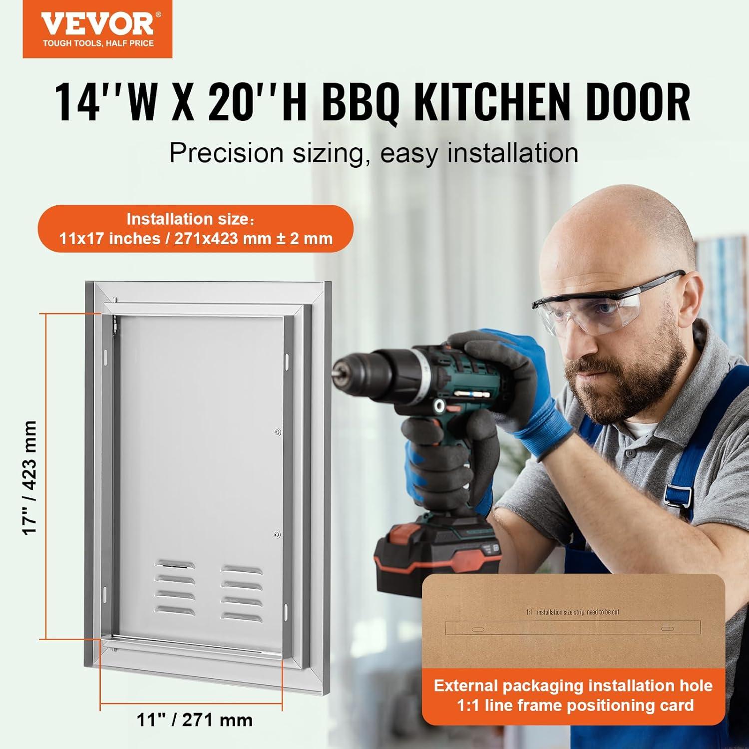 VEVOR Outdoor BBQ Kitchen Door - 14W x 20H Inch Stainless Steel Flush Mount Vertical Wall Door with Handle for Island, Grilling Station