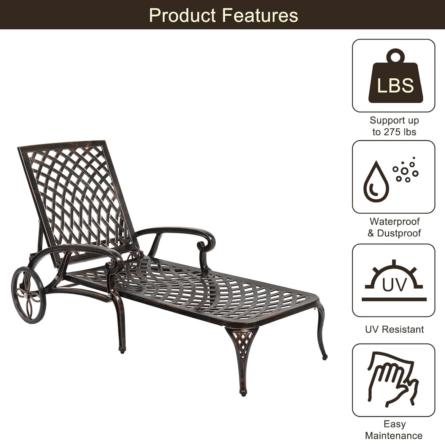 VINGLI Cast Aluminum Outdoor Chaise Lounge Chair with Wheels, Patio Chaise Lounge with 3-Position Adjustable Backrest, Outdoor Tanning Chair Patio Lounge Chair (Bronze, Without Cushion)