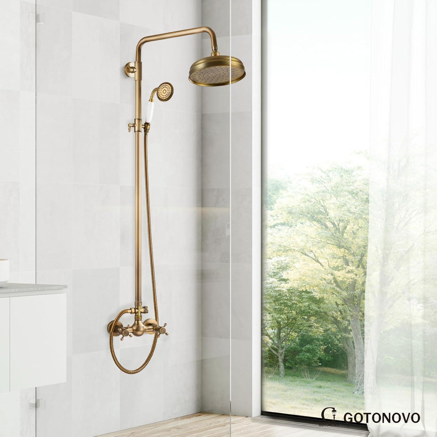 Antique Brass Adjustable Height Rainfall Shower System with Handheld Sprayer