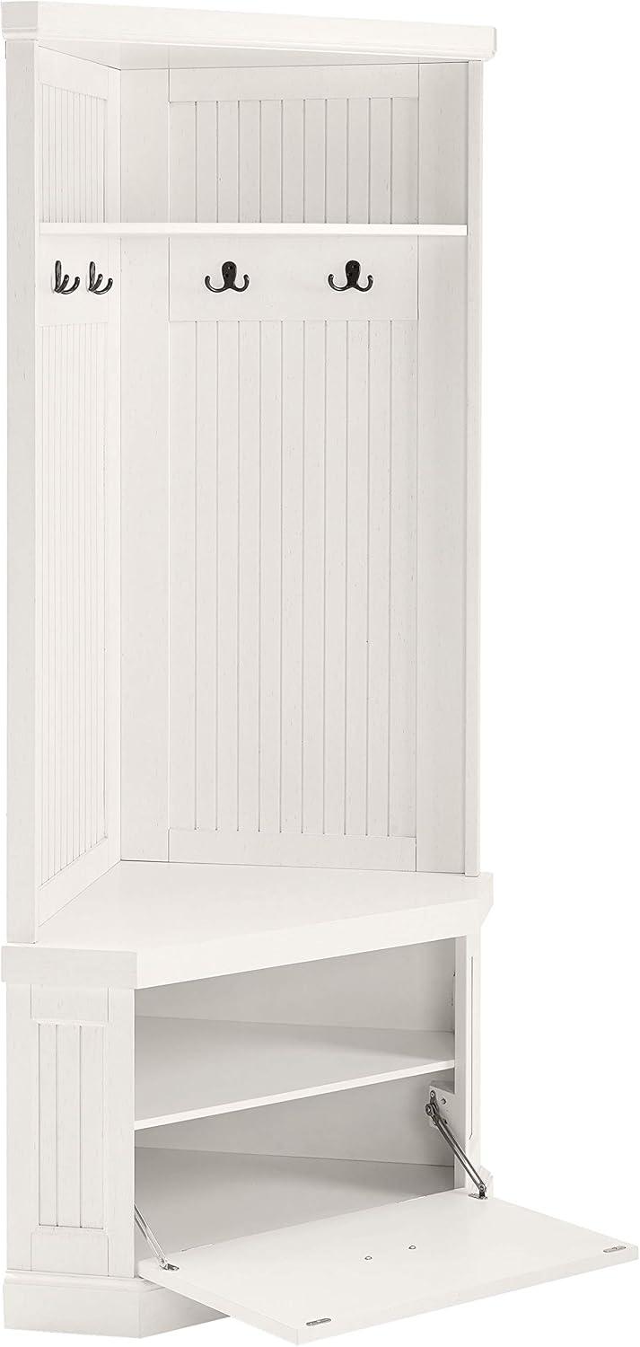 Seaside Corner Hall Tree Distressed White - Crosley: Entryway Organizer with Shoe Storage, 4 Hooks