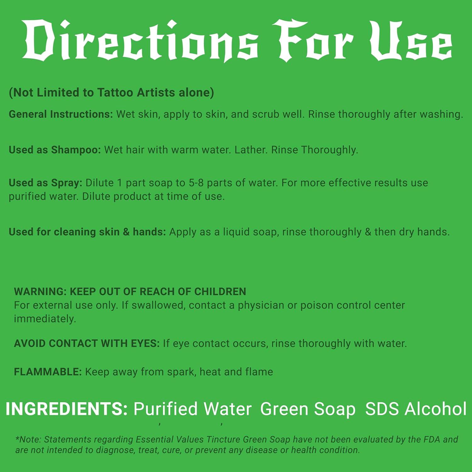 Essential Values Tincture Green Soap, Perfect for Tattoo Cleaning - Made in USA
