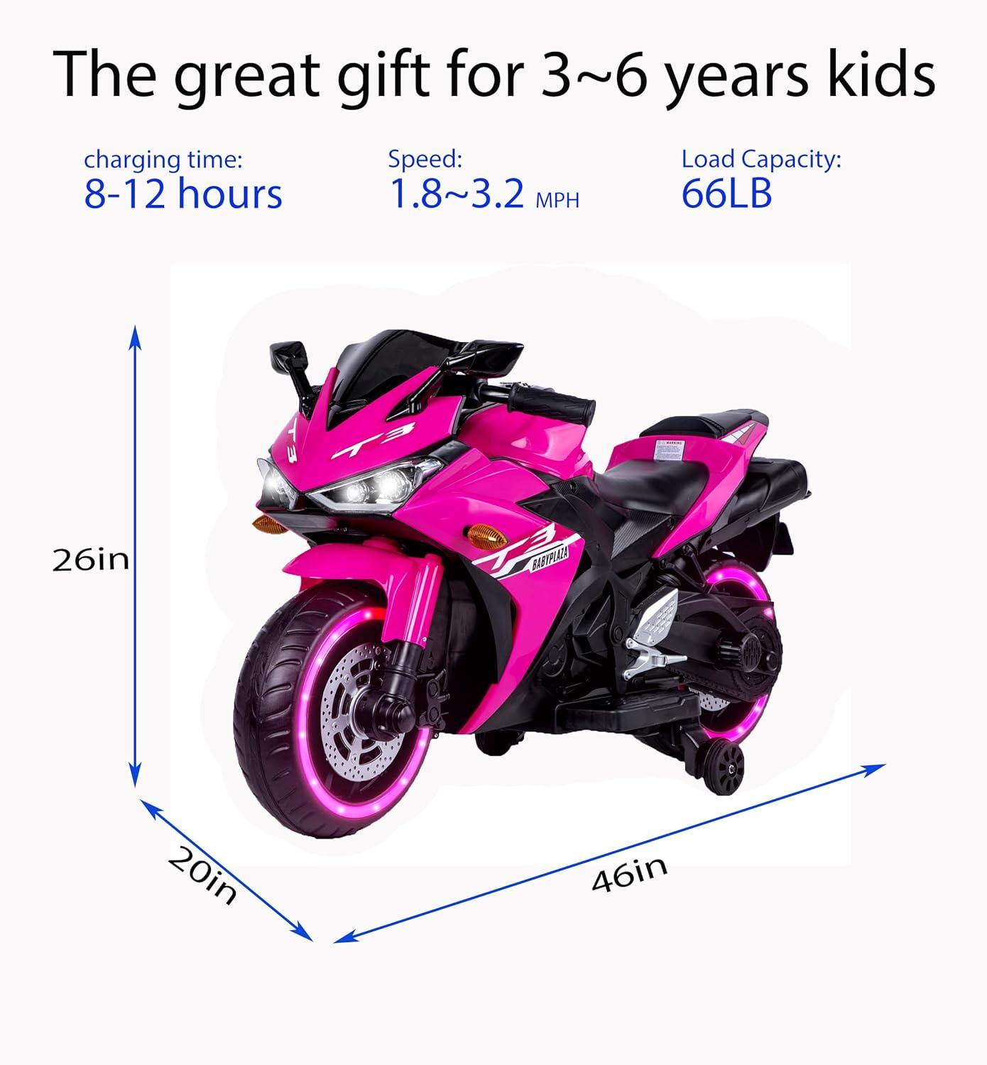 WEEROCK Kids Electric Motorcycle with Trainning Wheels for 3-8 Years(43-59in), Boys Girls Ride on Electric Motorbike, Light Wheels Hand Drive for Child Motorized Toys Gift, Pink