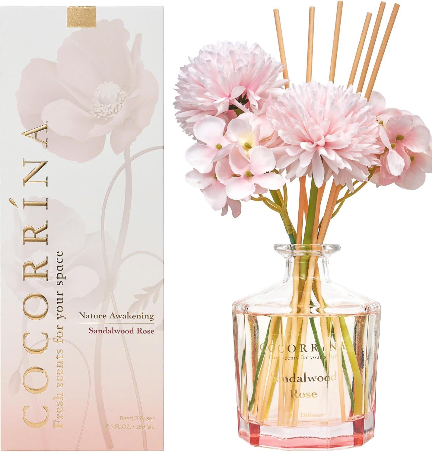 Sandalwood Rose 8.5oz Glass Reed Diffuser with Pink Flowers