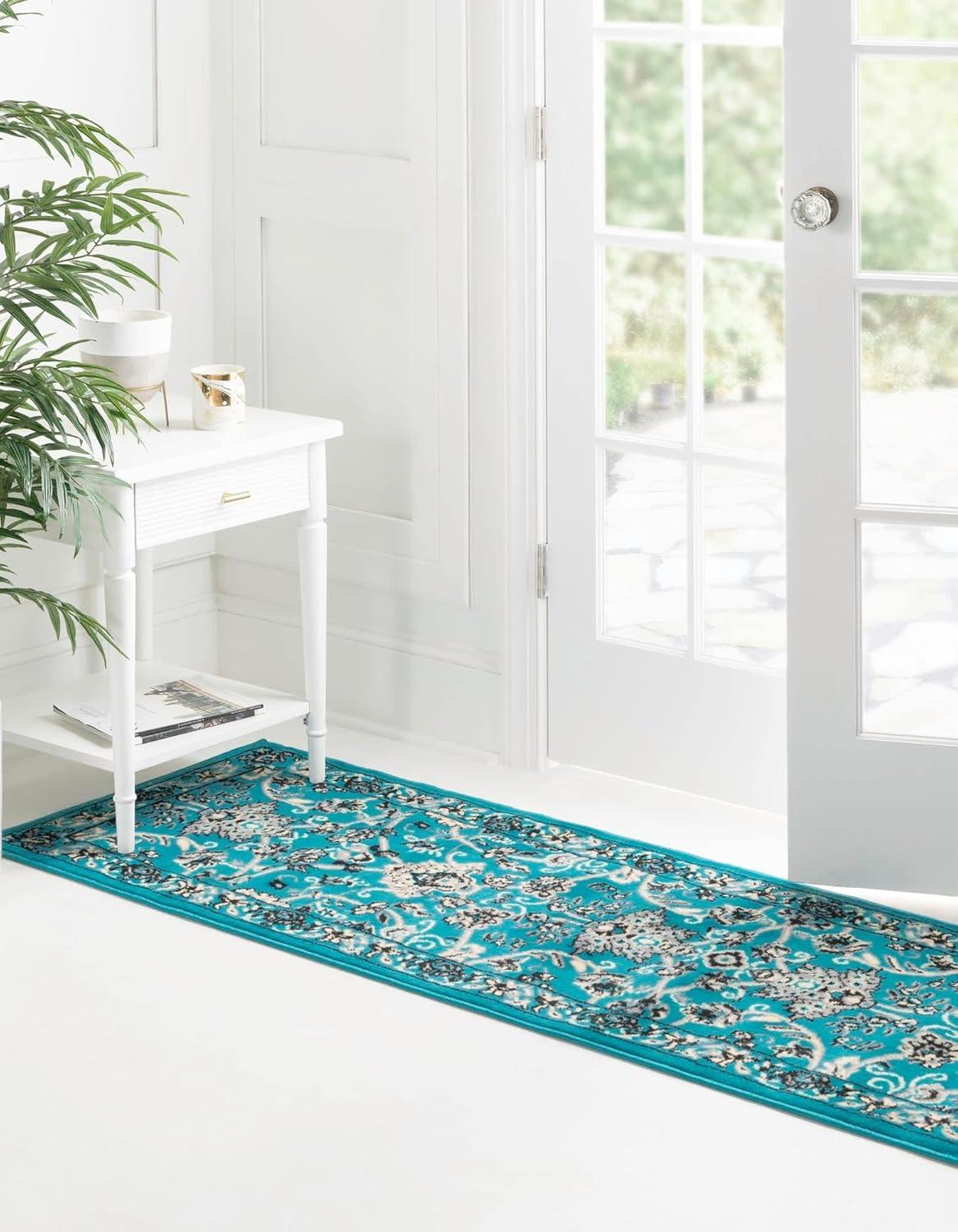 Turquoise and Ivory Synthetic Reversible Runner Rug