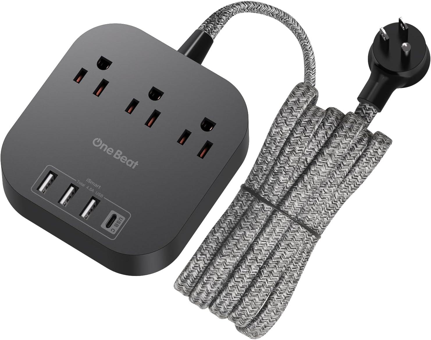 Black 10ft Braided Cord Power Strip with USB-C and USB-A Ports