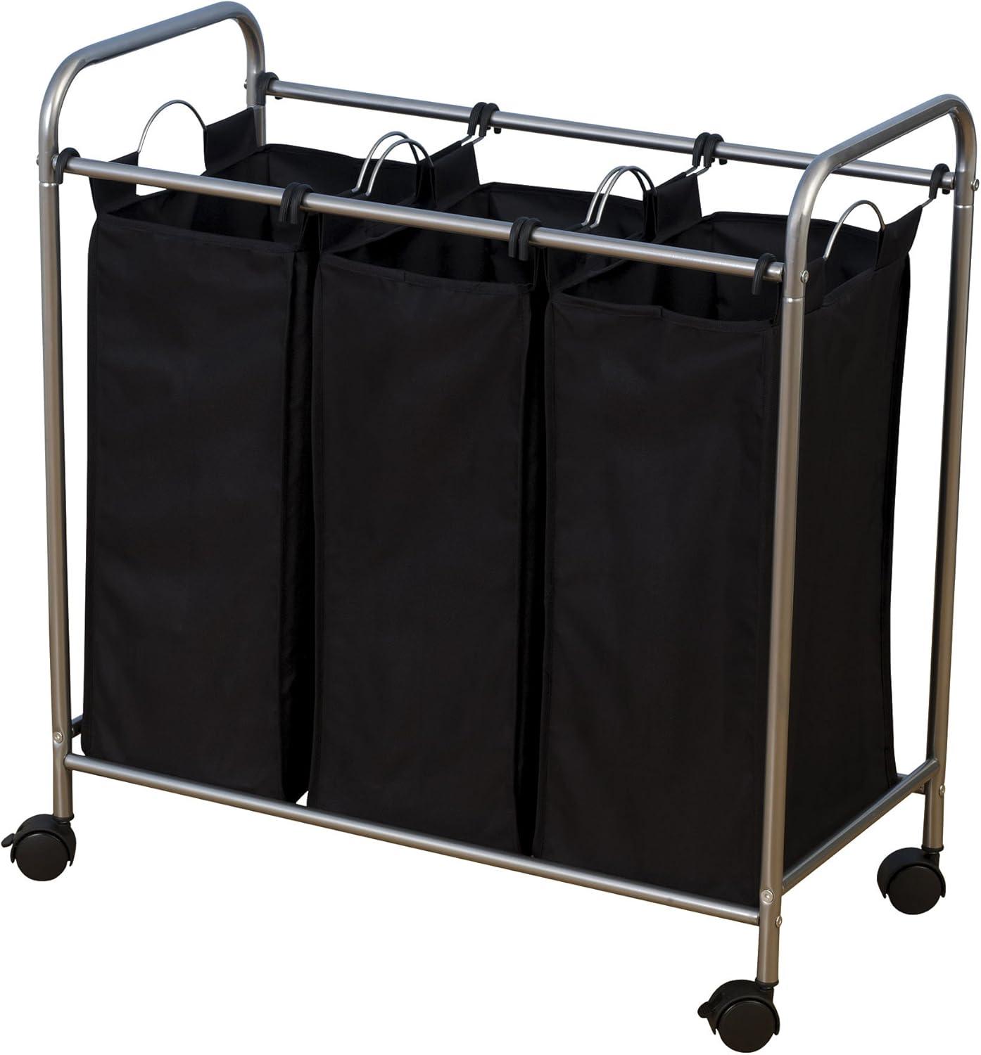 Household Essentials 7044 Triple Laundry Sorter on Wheels - Black and Grey
