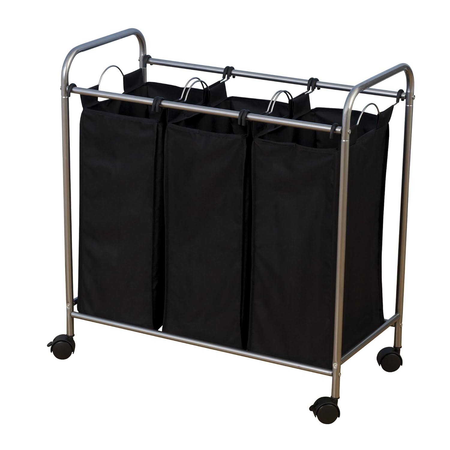 Household Essentials 7044 Triple Laundry Sorter on Wheels - Black and Grey