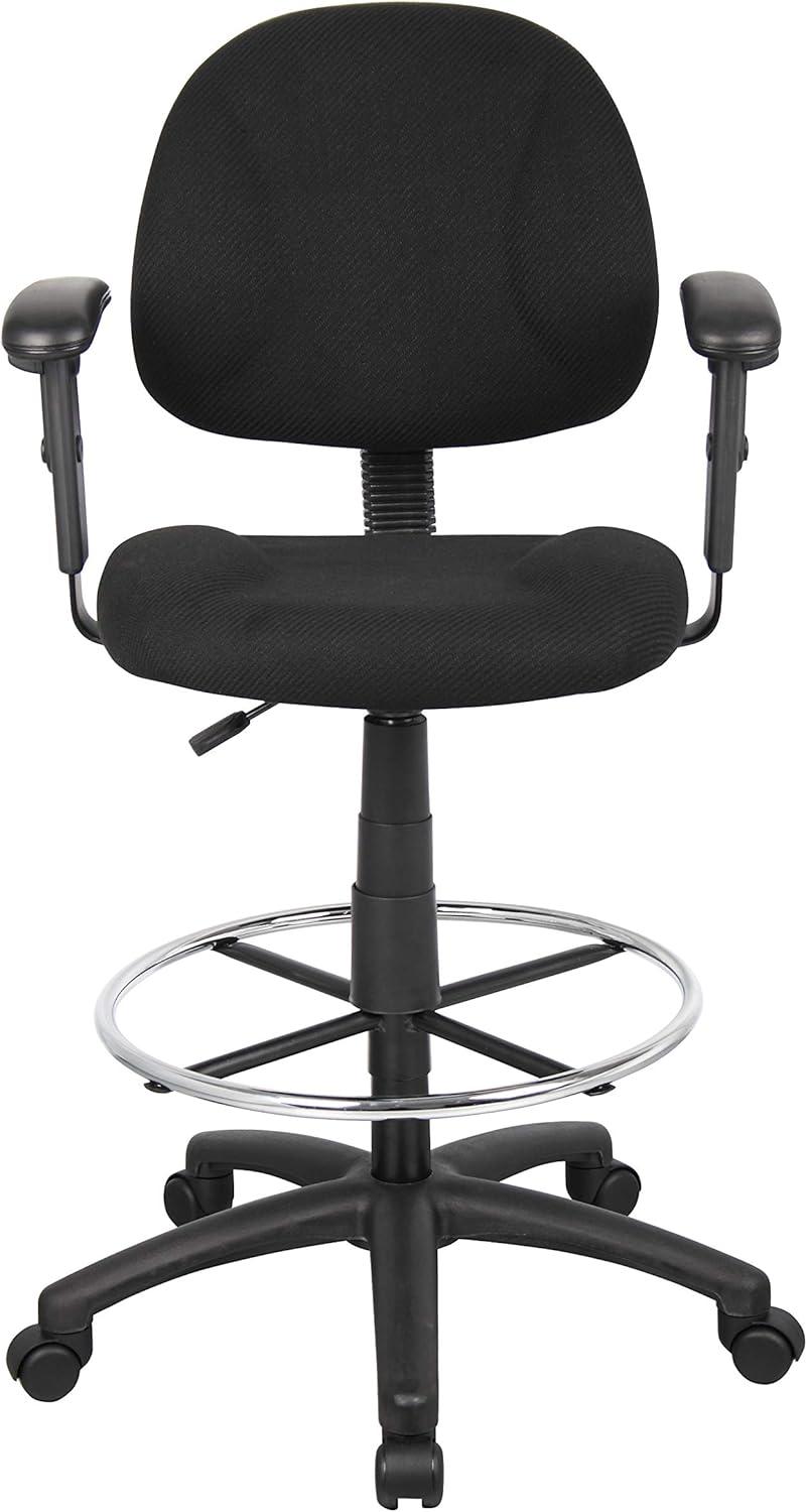 ErgoComfort Black Tweed Drafting Stool with Adjustable Arms and Chrome Footring