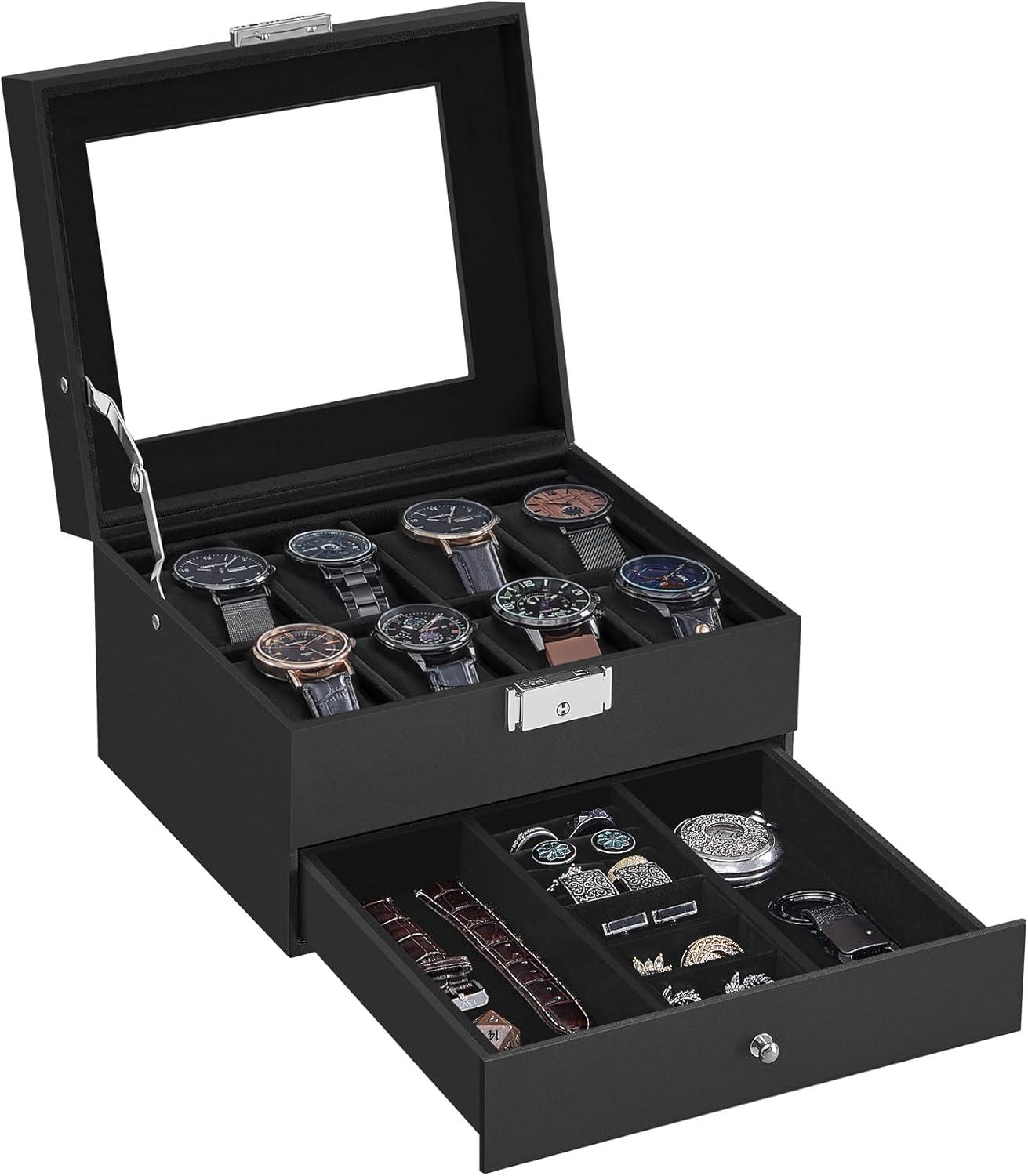 SONGMICS Watch Box, 8-Slot Watch Case Organizer with Large Glass Lid, 2 Layers, Removable Pillows, Metal Lock, Gift for Loved Ones, Black Synthetic Leather, Black Lining UJWB080B01