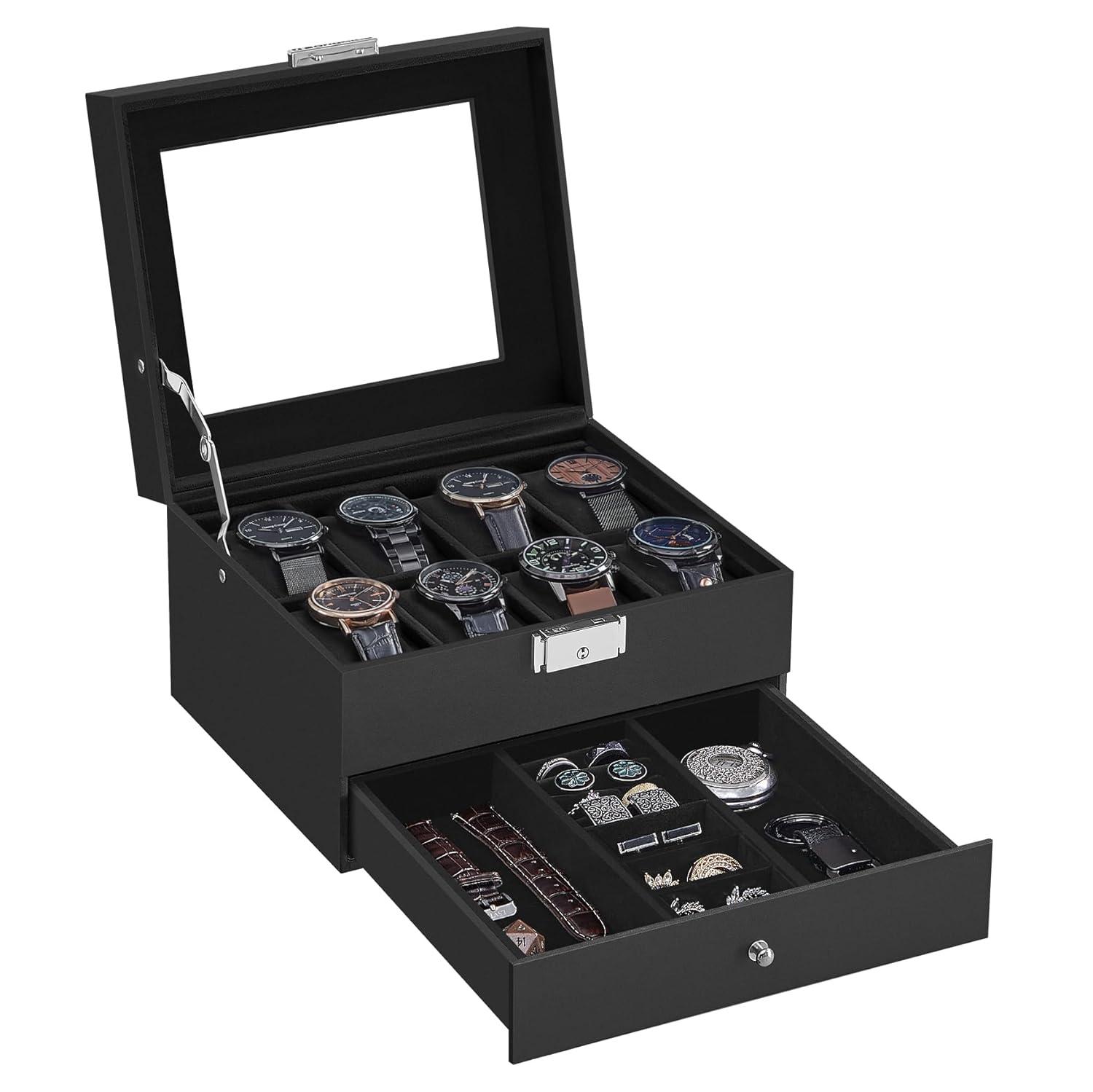 SONGMICS Watch Box, 8-Slot Watch Case Organizer with Large Glass Lid, 2 Layers, Removable Pillows, Metal Lock, Gift for Loved Ones, Black Synthetic Leather, Black Lining UJWB080B01