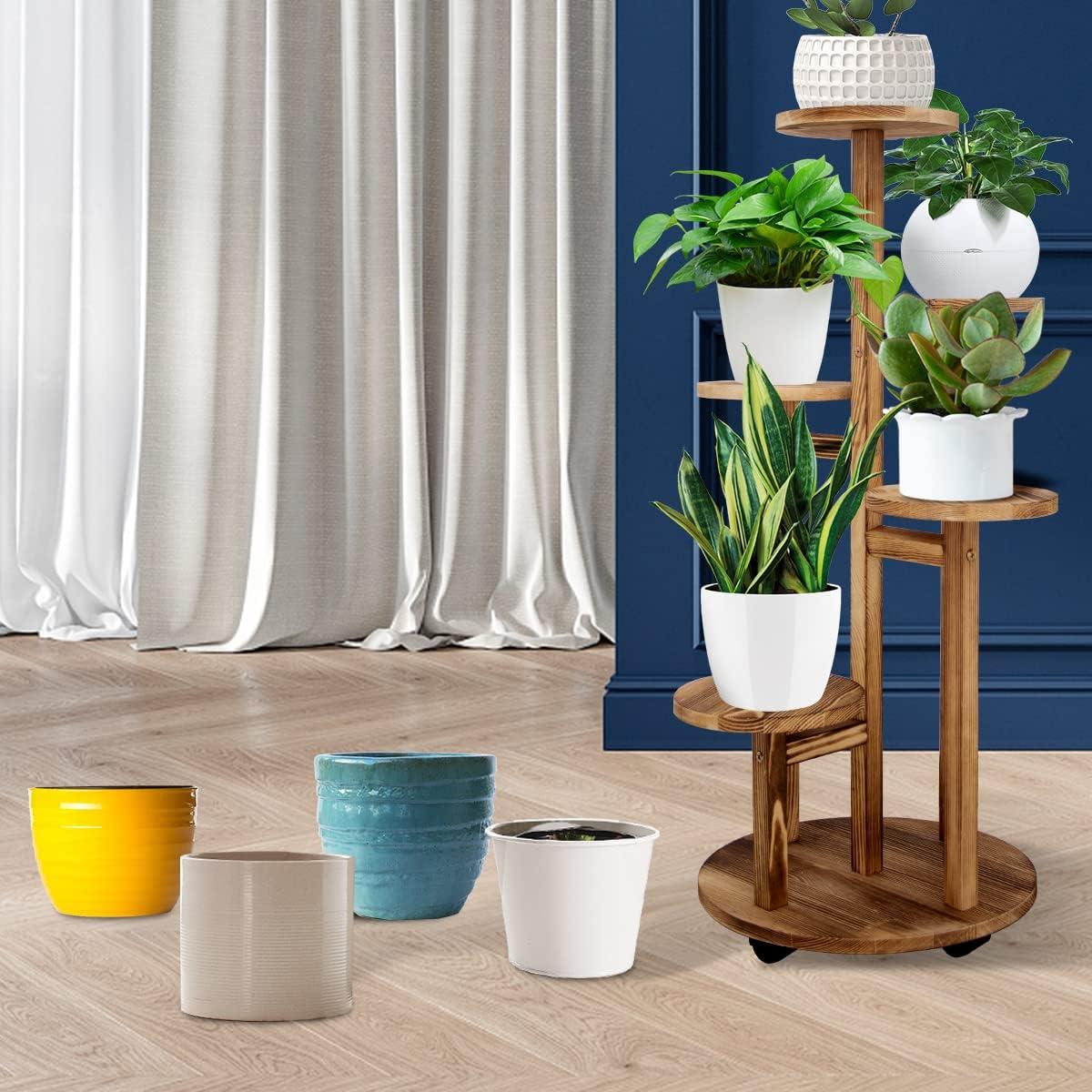 Walnut 5-Tier Pine Wood Indoor Plant Stand with Wheels