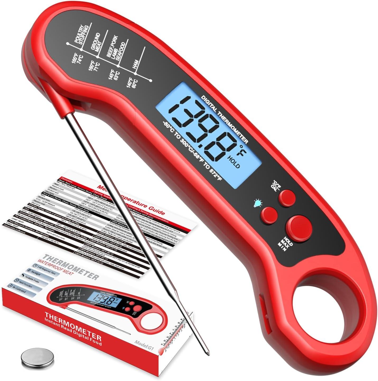 Red Digital Waterproof Instant Read Meat Thermometer