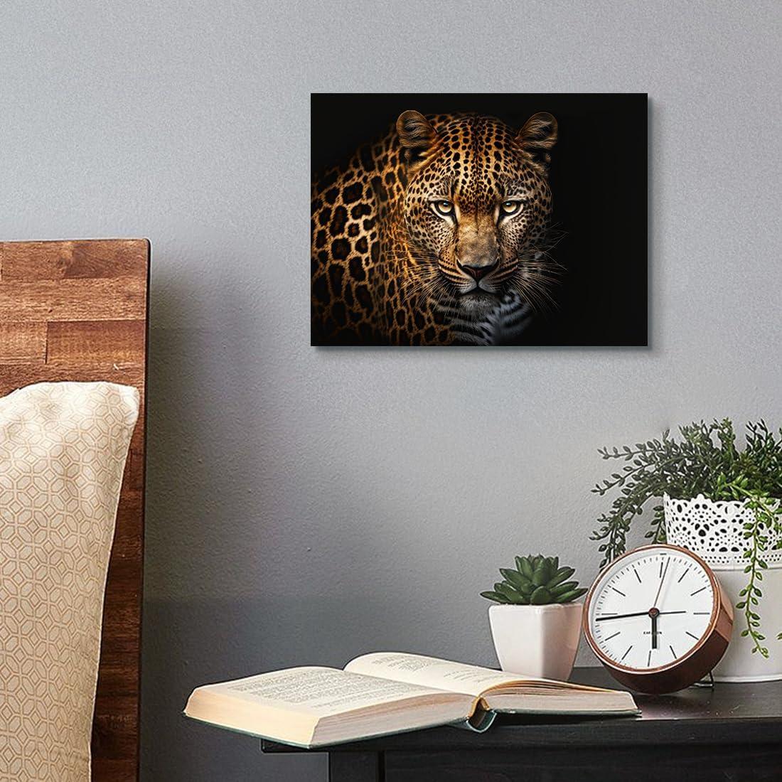 Leopard Canvas Prints Black Background Golden Wildlife Animal Leopard Wall Art Cheetah Pictures Artwork for Bathroom Bedroom Office Living Room Hallway Paintings Decorations Ready to Hang 12x16"